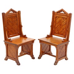 Antique Pair of Gothic Pitch Pine Throne Side Hall Bedroom Chairs