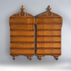 Antique Pair of Gothic Revival Carved Quarter Sawn Oak Hymnal Boards 19thC