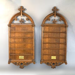 Antique Pair of Gothic Revival Carved Quarter Sawn Oak Hymnal Boards 19thC