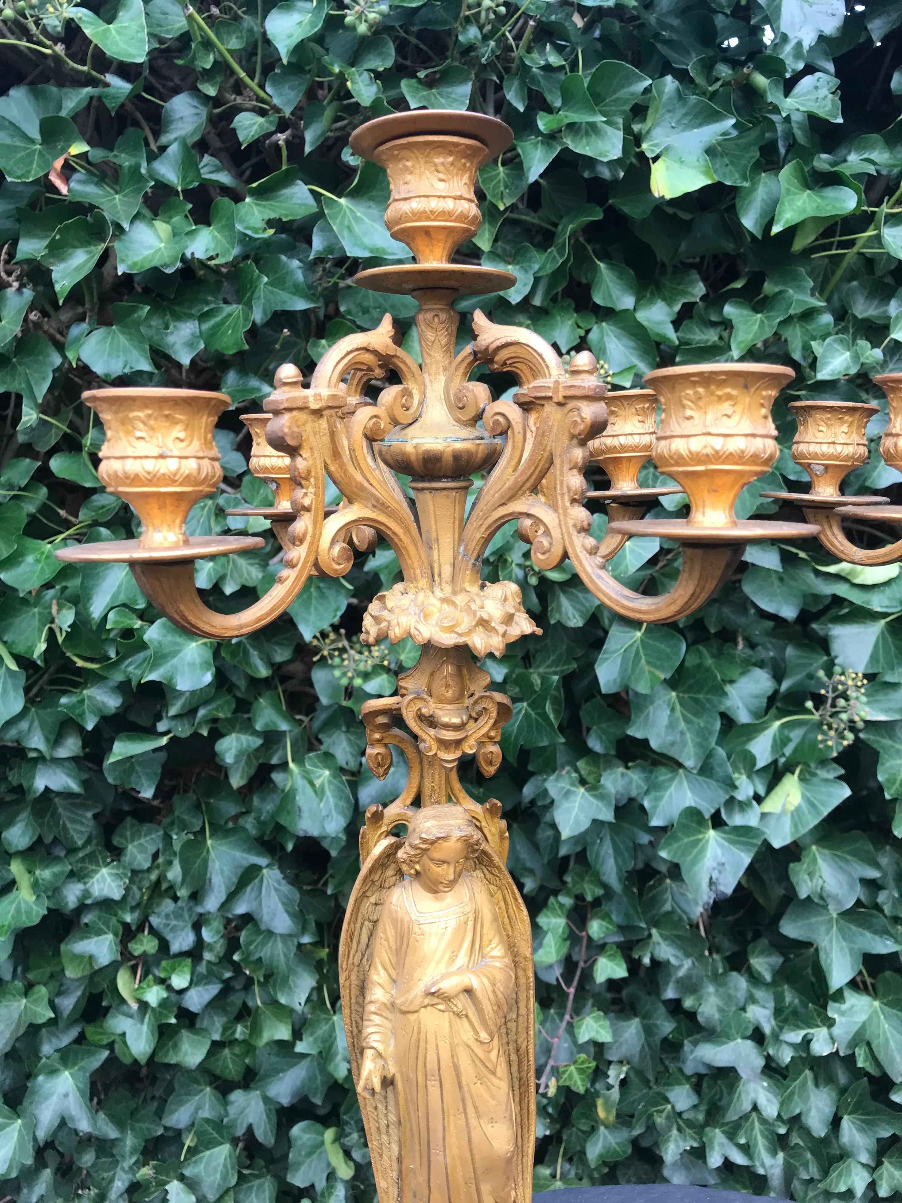 Spelter Pair of Gothic Revival Five Candle Candelabras with Earth Angel Sculptures