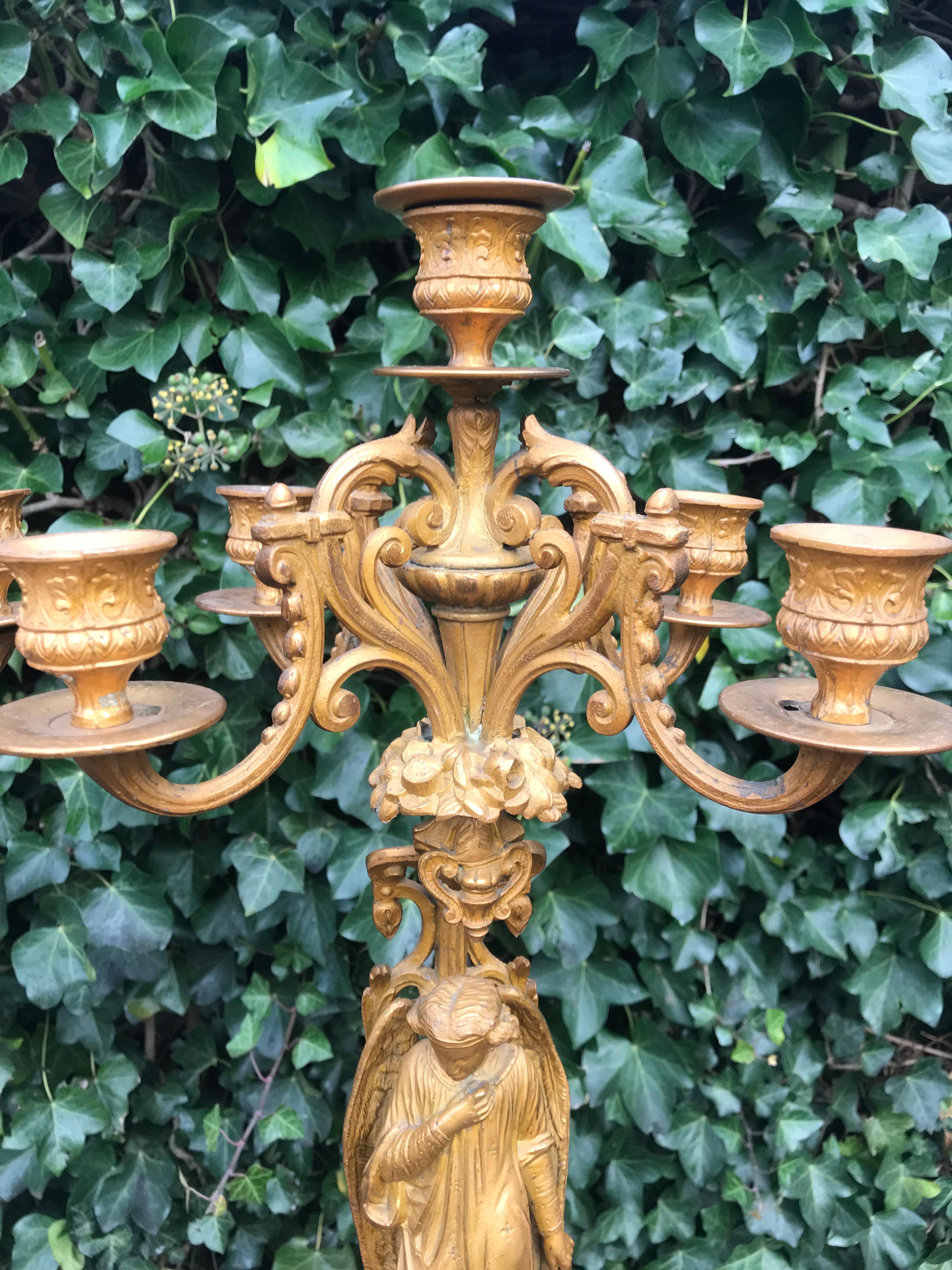 Pair of Gothic Revival Five Candle Candelabras with Earth Angel Sculptures 1