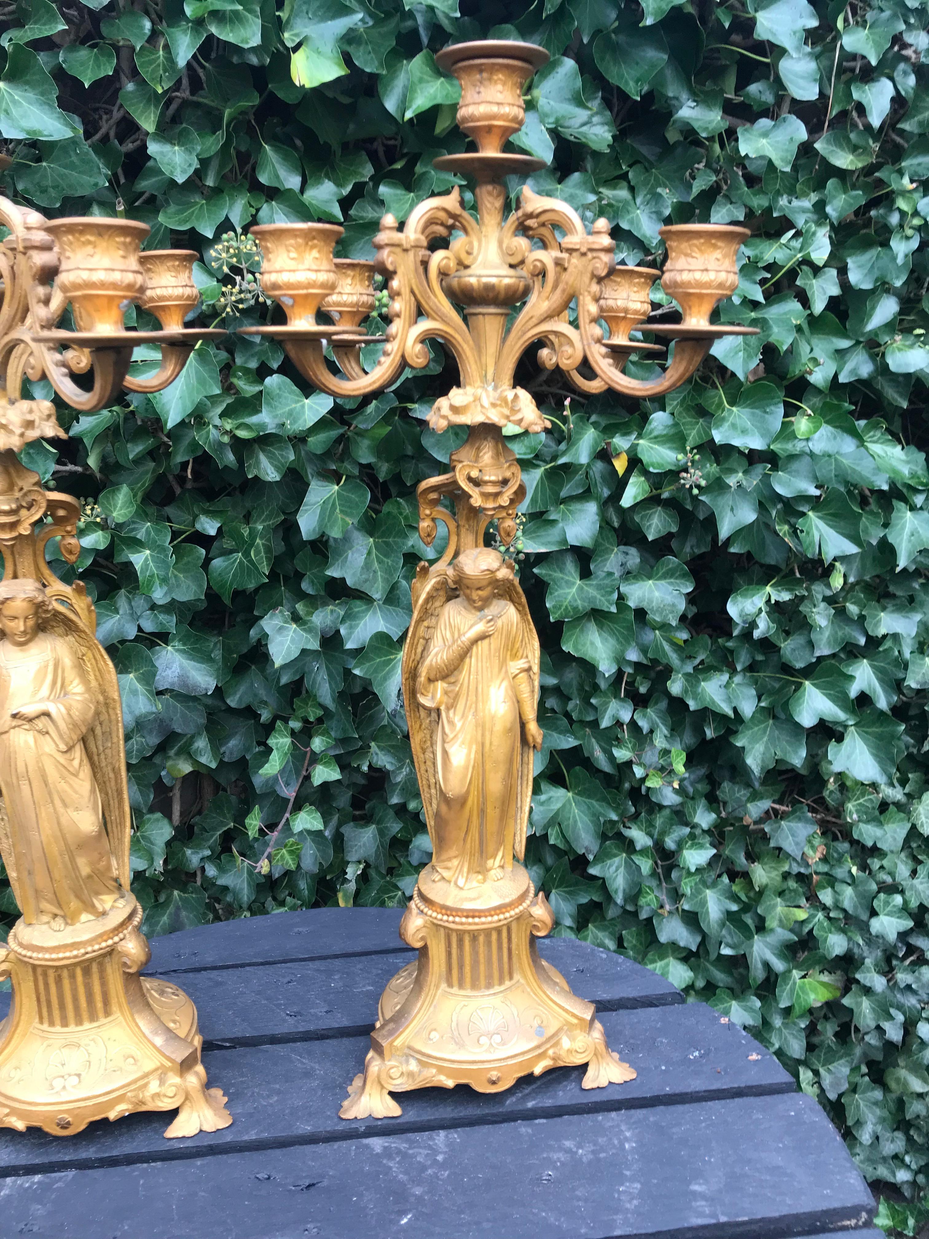 Pair of Gothic Revival Five Candle Candelabras with Earth Angel Sculptures 6