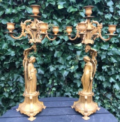 Pair of Gothic Revival Five Candle Candelabras with Earth Angel Sculptures