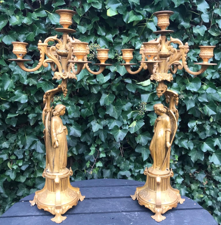Pair of Gothic Revival Five Candle Candelabras with Earth Angel