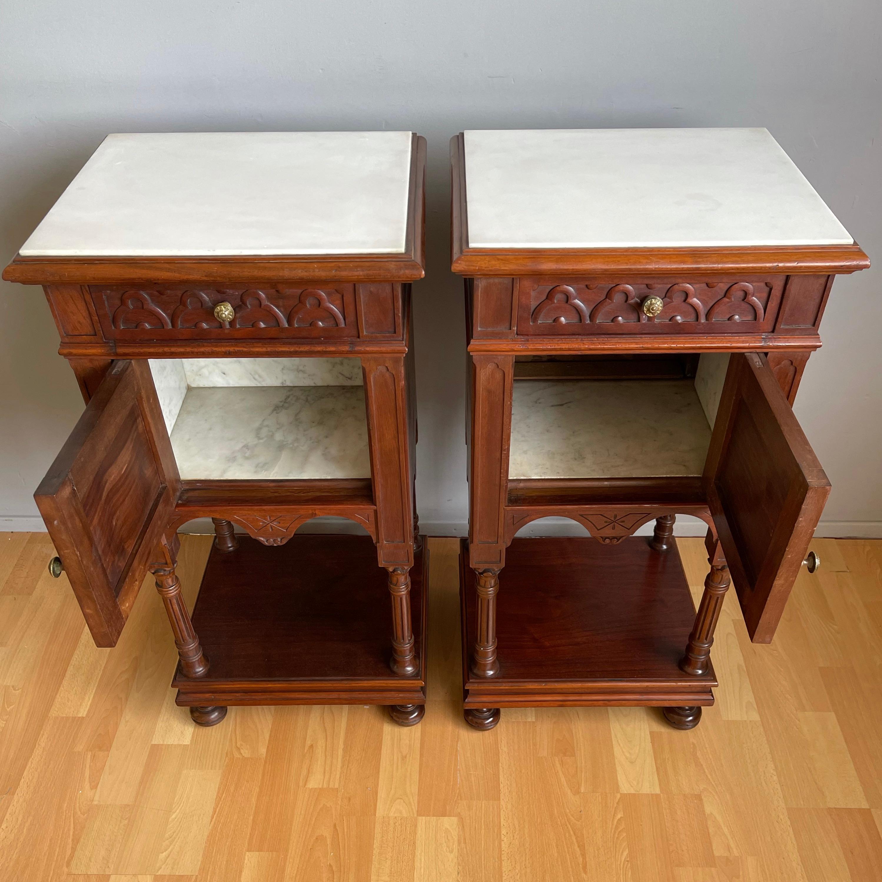 Great Pair of Gothic Revival Wooden Night Stands / Cabinets with Marble Tops 2