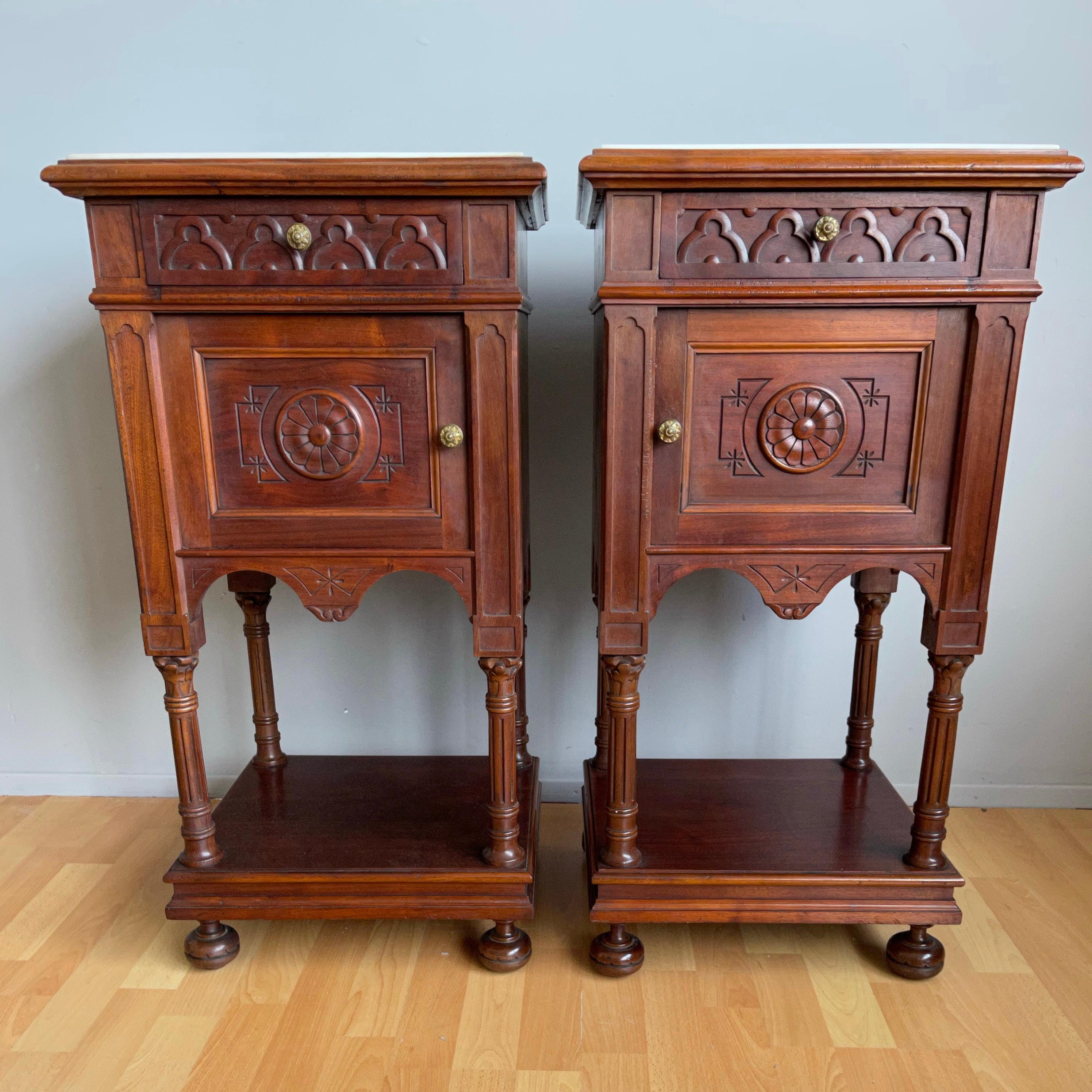 Great Pair of Gothic Revival Wooden Night Stands / Cabinets with Marble Tops 4