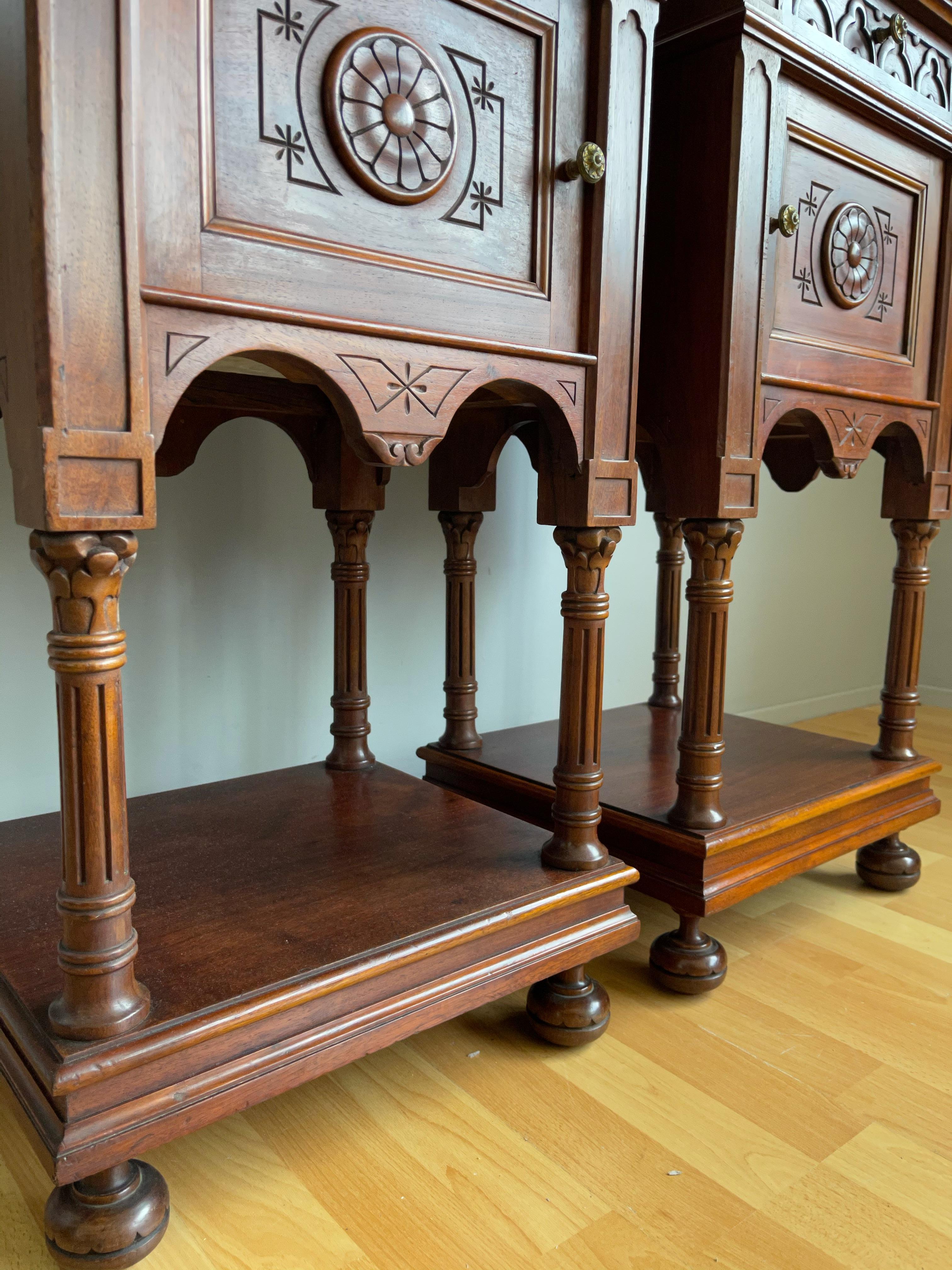 Great Pair of Gothic Revival Wooden Night Stands / Cabinets with Marble Tops 6