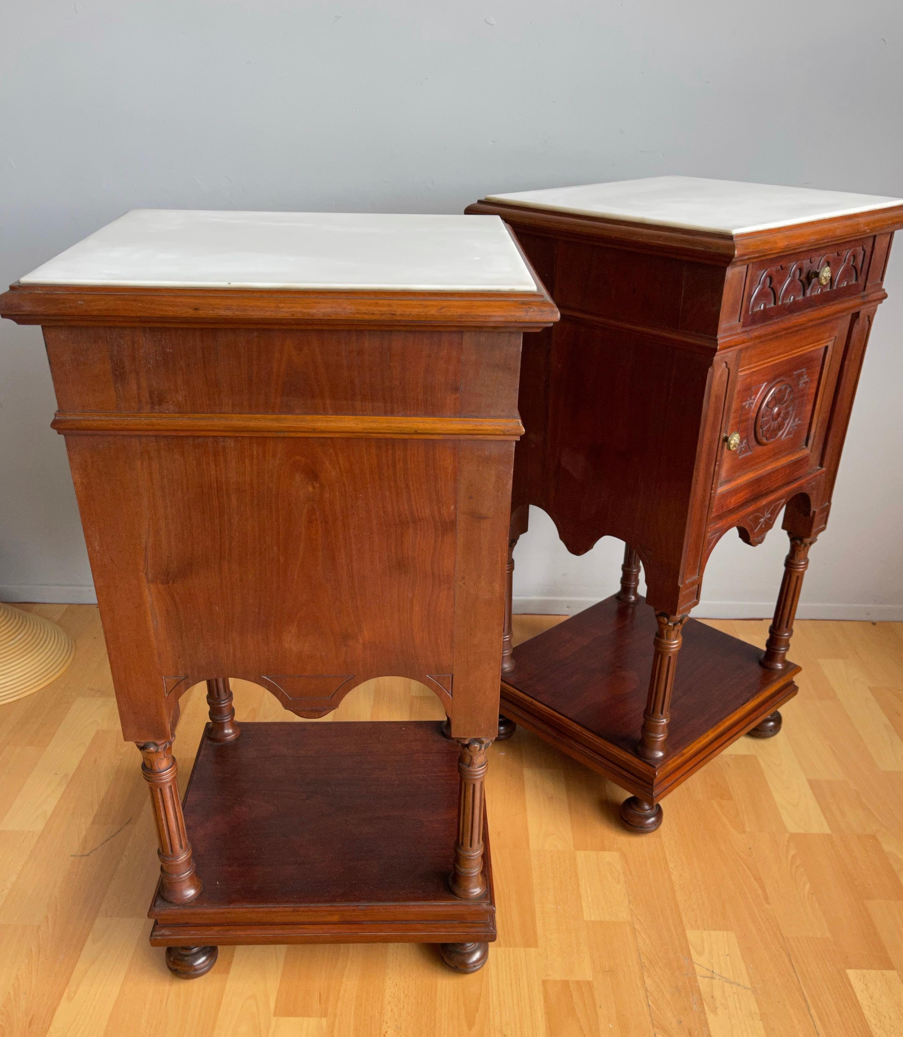 Great Pair of Gothic Revival Wooden Night Stands / Cabinets with Marble Tops 8