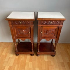 Great Pair of Gothic Revival Wooden Night Stands / Cabinets with Marble Tops