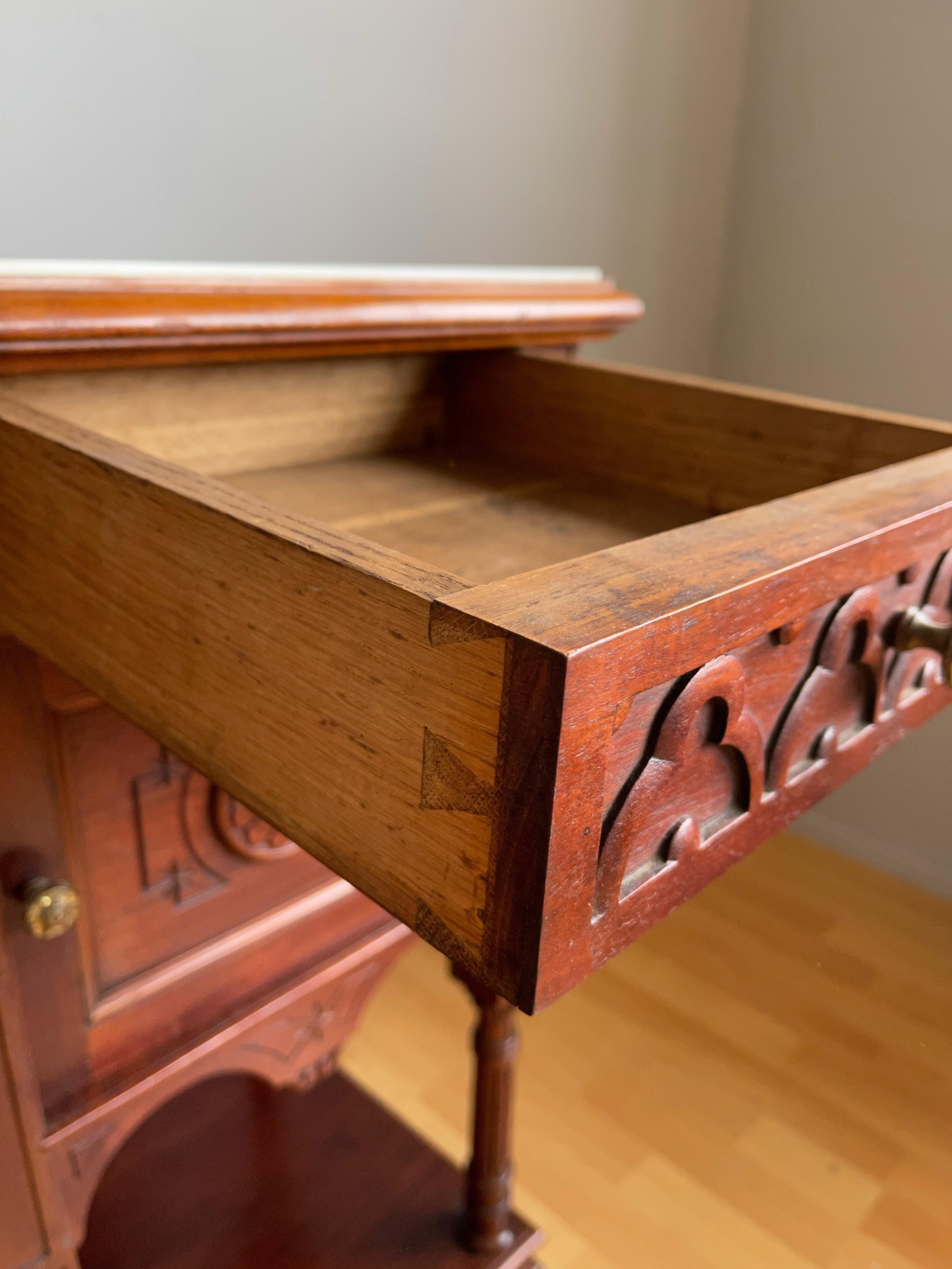 Hand-Carved Great Pair of Gothic Revival Wooden Night Stands / Cabinets with Marble Tops