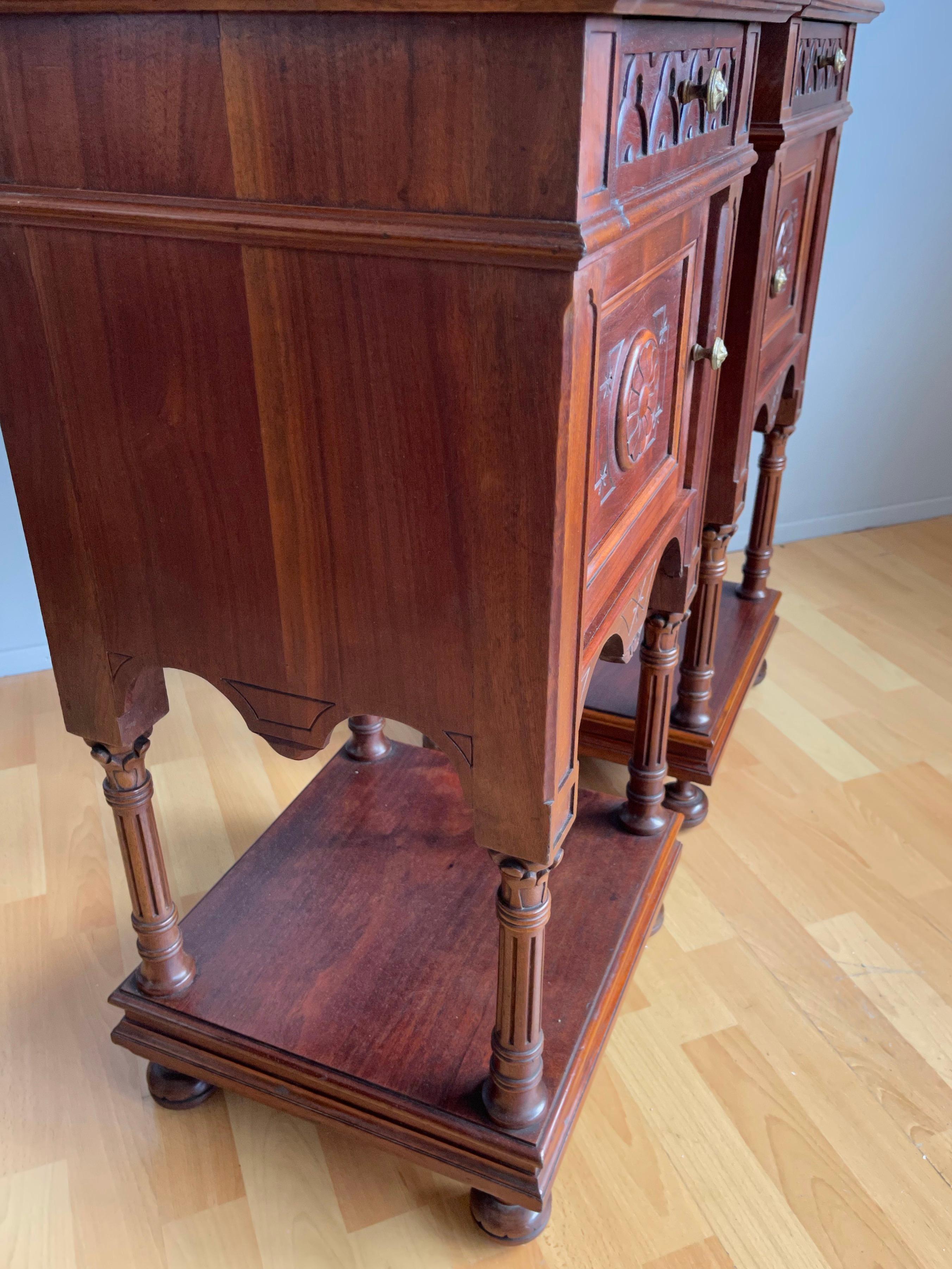 19th Century Great Pair of Gothic Revival Wooden Night Stands / Cabinets with Marble Tops