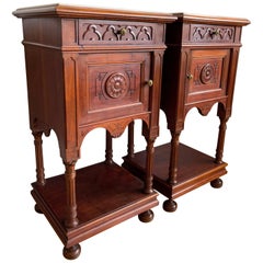 Great Pair of Gothic Revival Wooden Night Stands / Cabinets with Marble Tops