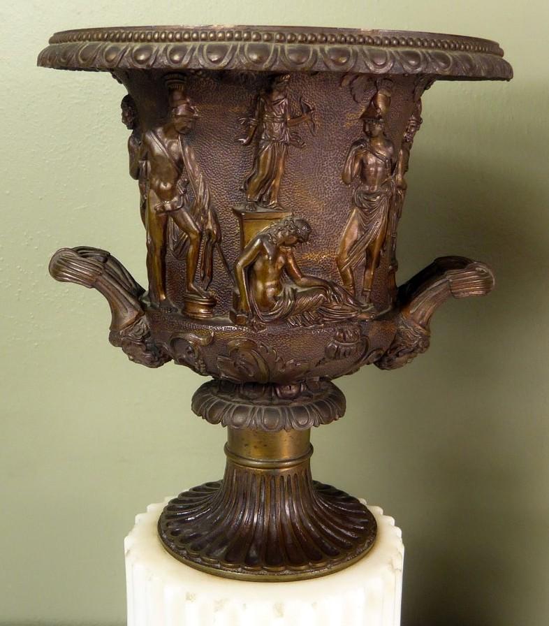 Regency Antique Pair of Grand Tour Borghese or Medici Bronze Campana Urns Vases Marble For Sale