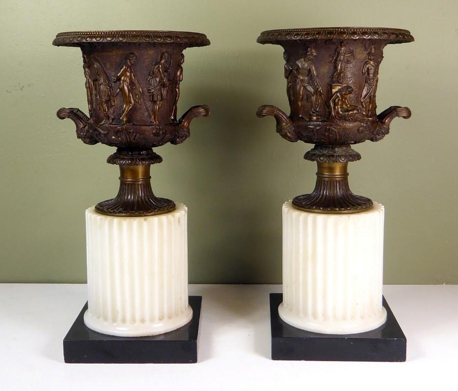Antique Pair of Grand Tour Borghese or Medici Bronze Campana Urns Vases Marble In Good Condition For Sale In Dublin, Ireland