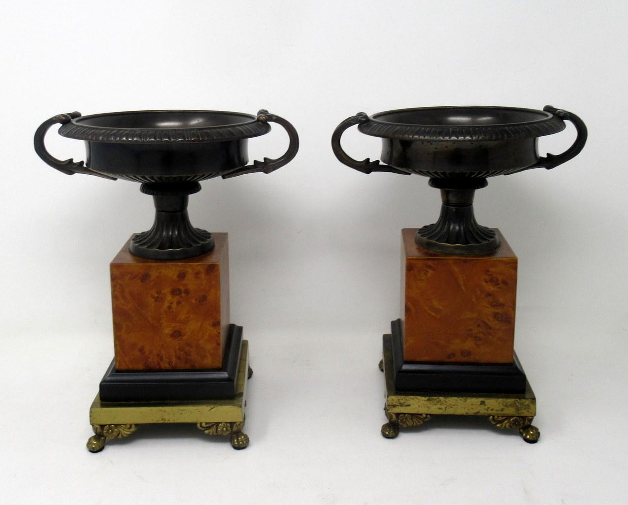 A very fine pair of French patinated bronze & well grained burl walnut grand tour style twin handle tazza of medium proportions, first quarter of the 20th century.

Each circular bowl with lobed reeded body and decorative moulded thumb detail rims