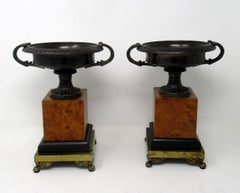 Antique Pair of Grand Tour Bronze Burl Walnut Tazzas Urns Vases, 20th Century