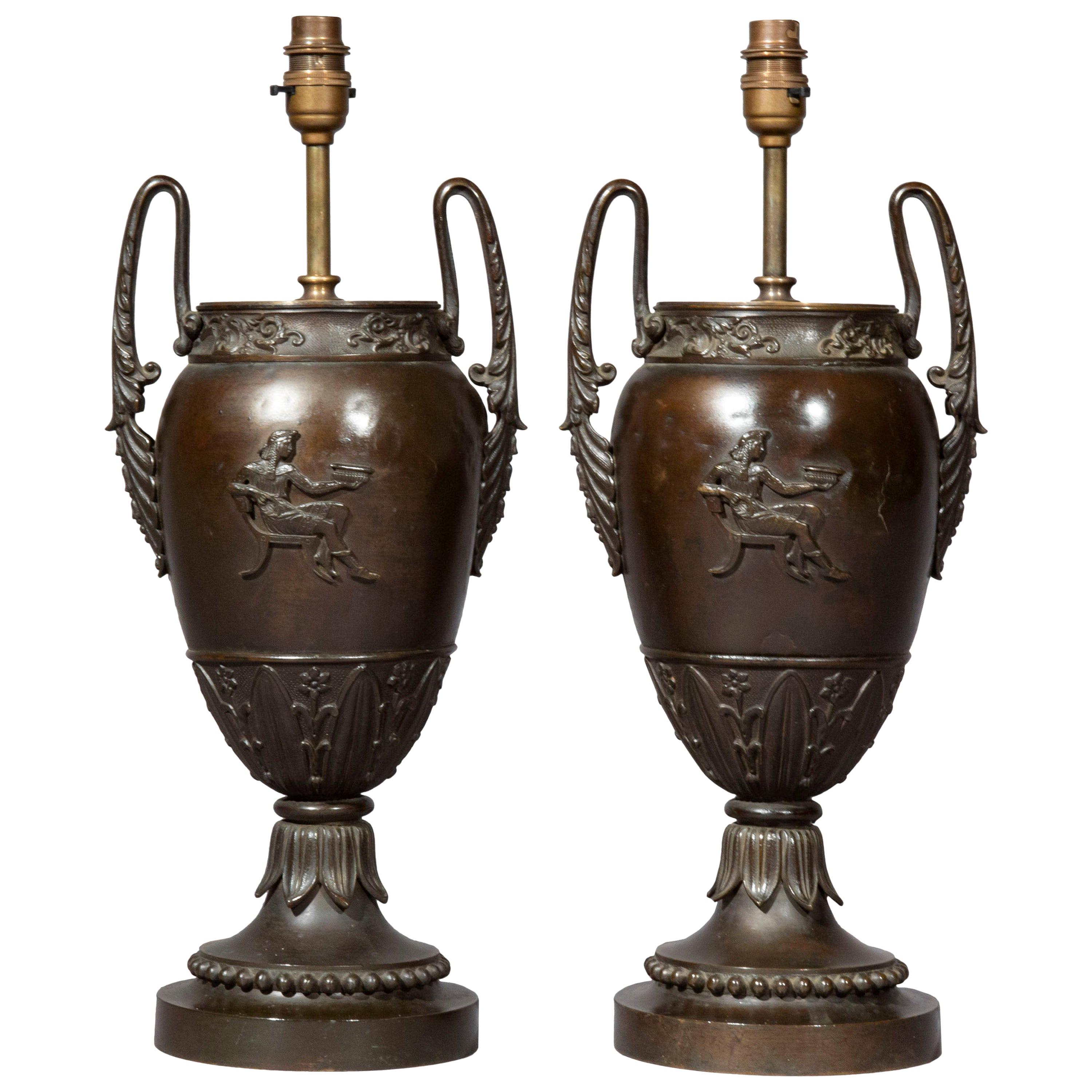 Antique Pair of Regency Grand Tour Bronze Urn Lamps