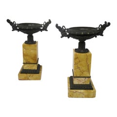 Antique Pair of Grand Tour Empire Bronze Dore Sienna Marble Tazza Urns Vases
