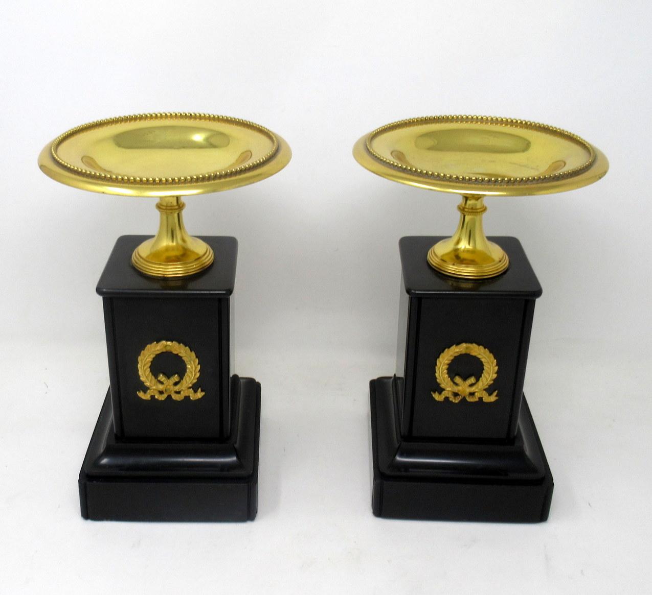 Victorian Antique Pair of Grand Tour Ormolu Bronze Black Marble Tazza Urns Clock Garniture