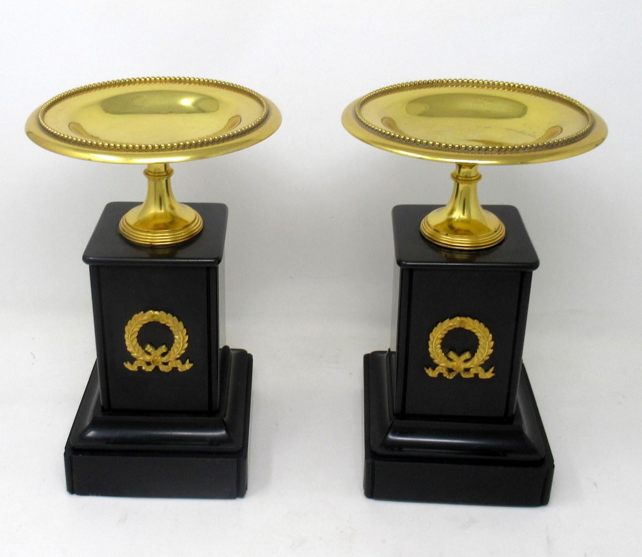 French Antique Pair of Grand Tour Ormolu Bronze Black Marble Tazza Urns Clock Garniture