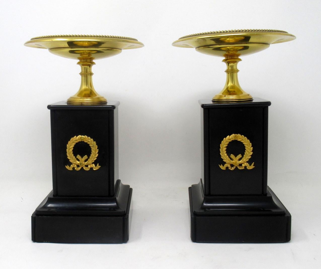 Cast Antique Pair of Grand Tour Ormolu Bronze Black Marble Tazza Urns Clock Garniture
