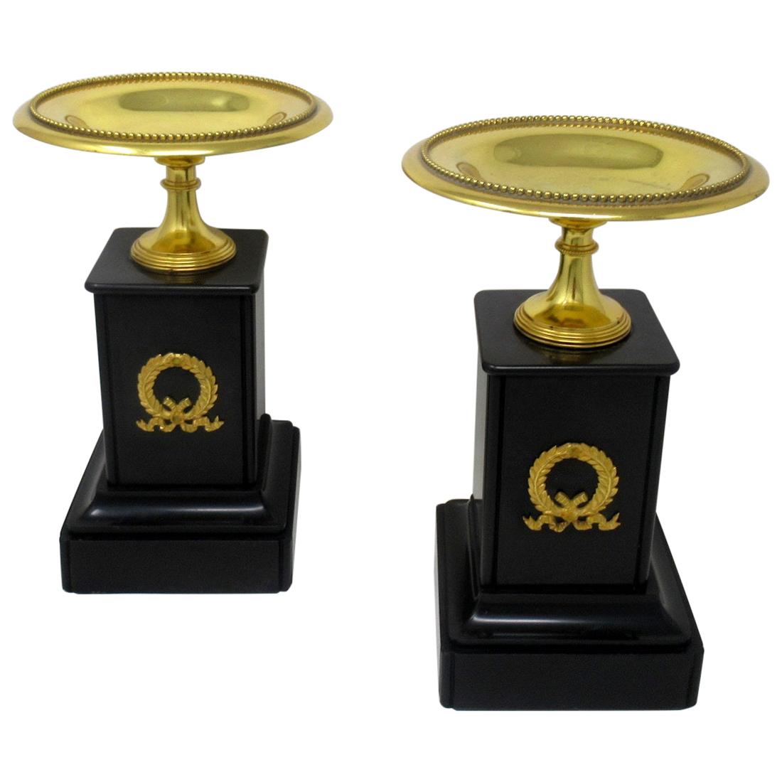 Antique Pair of Grand Tour Ormolu Bronze Black Marble Tazza Urns Clock Garniture
