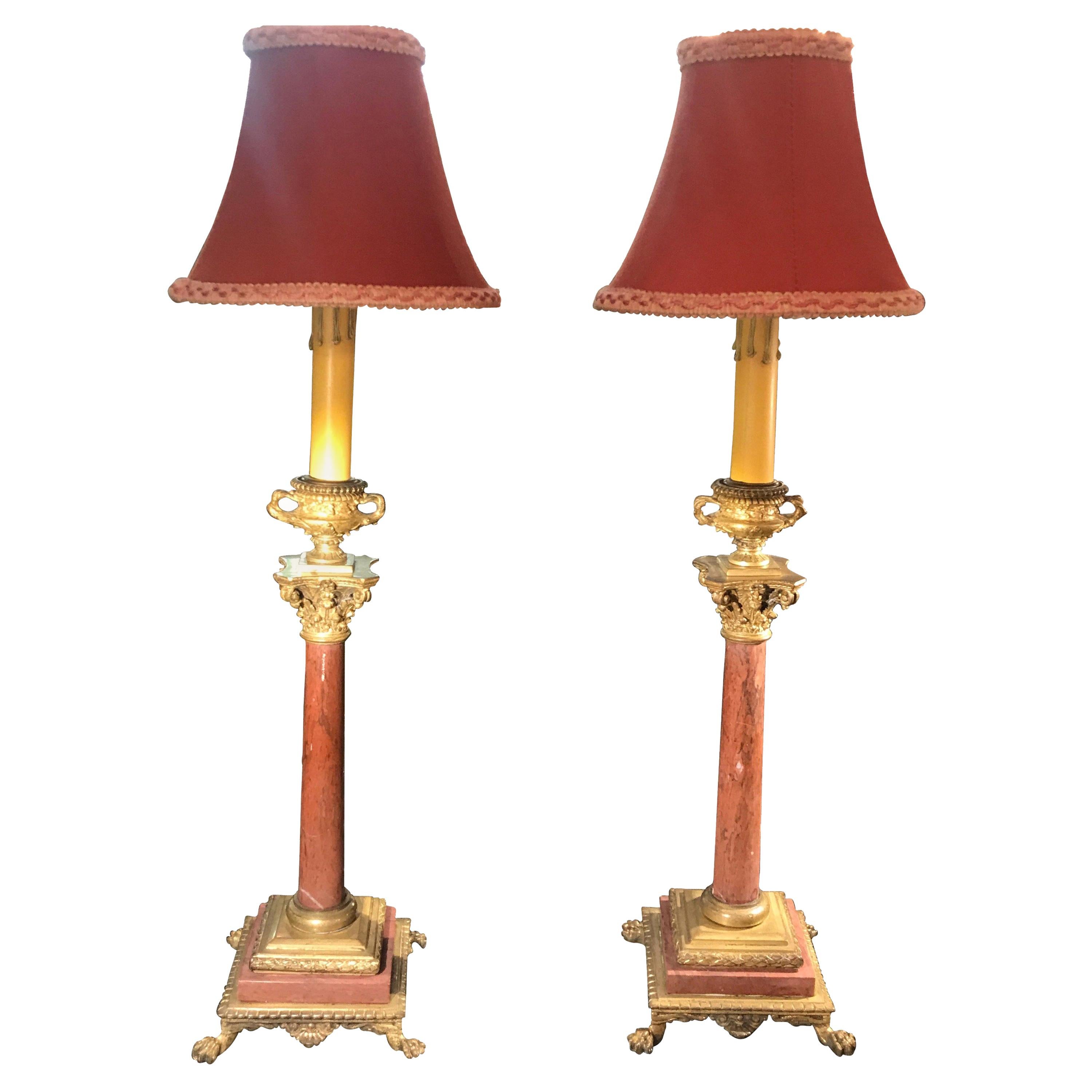 Antique Pair of Grand Tour Rouge Marble and Bronze Candlestick Lamps