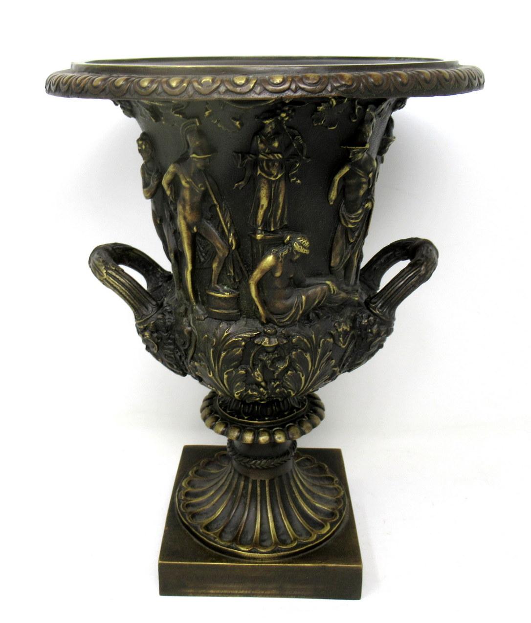 Regency Antique Pair of Grand Tour Style Borghese or Medici Bronze Campana Urns Vases