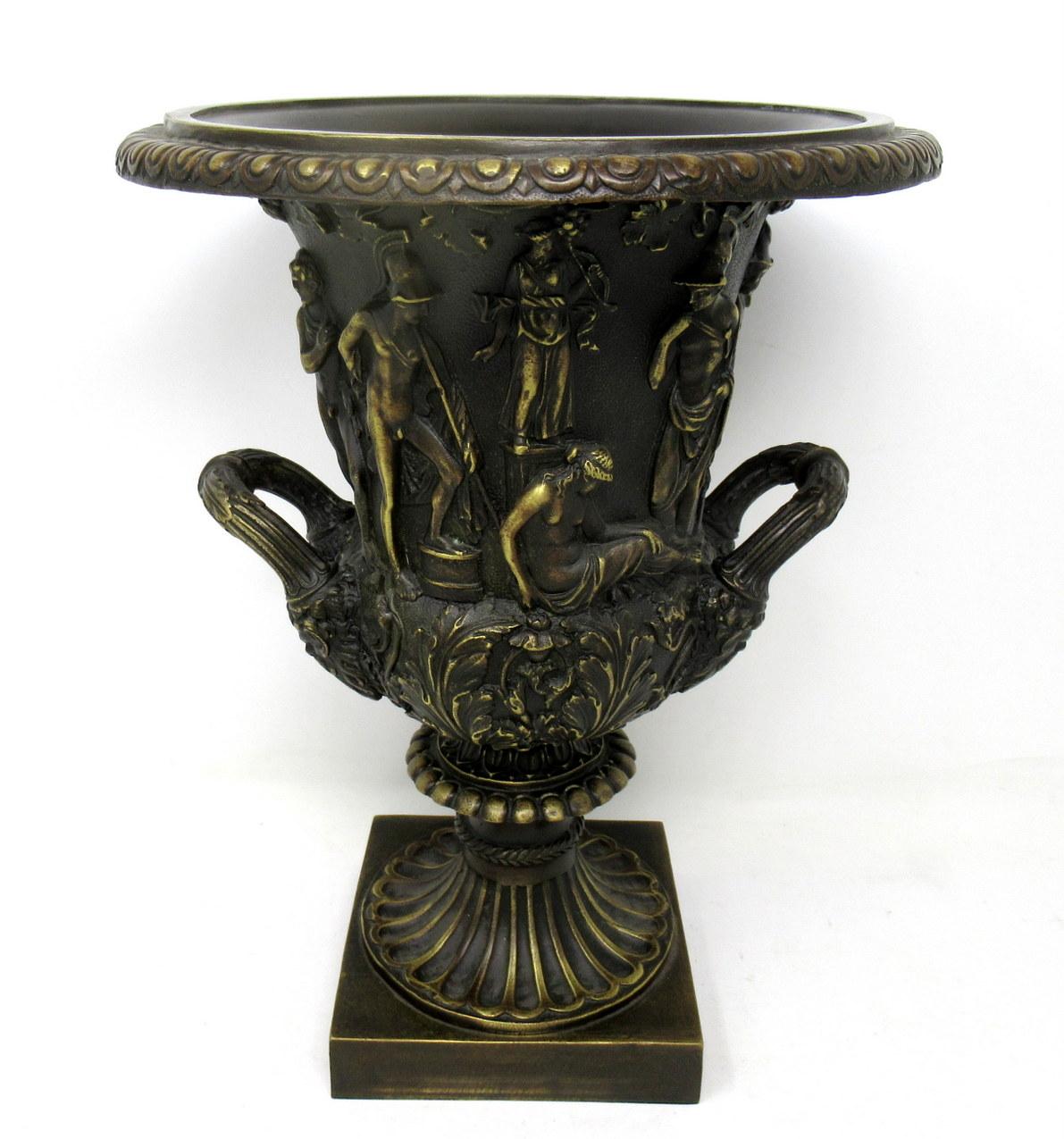 French Antique Pair of Grand Tour Style Borghese or Medici Bronze Campana Urns Vases