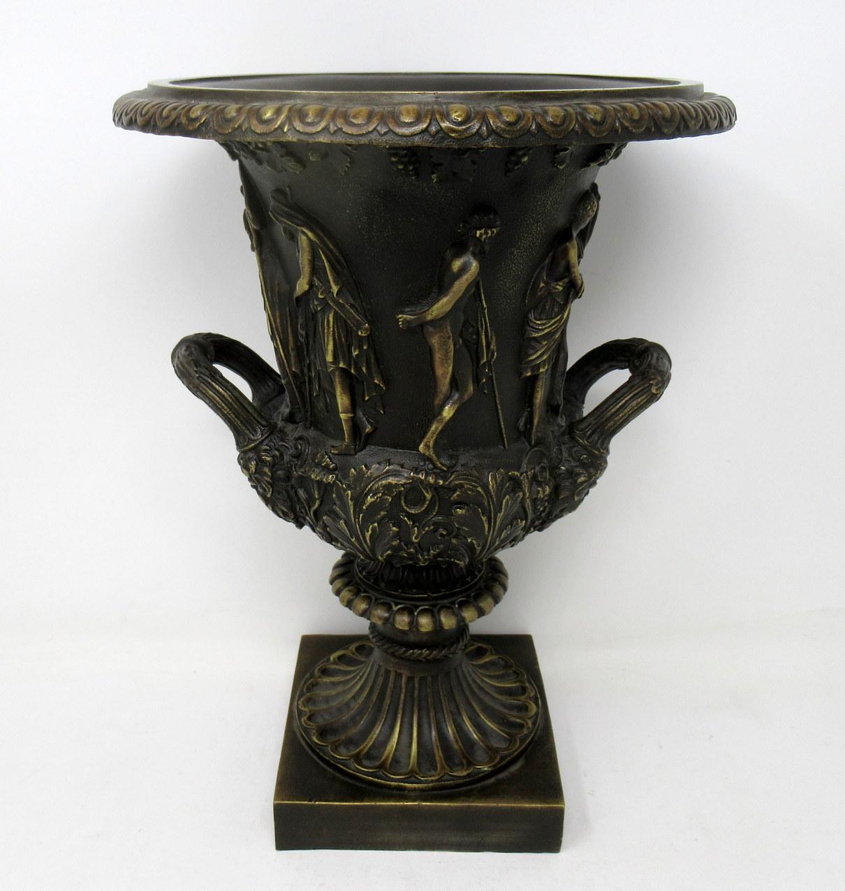 Cast Antique Pair of Grand Tour Style Borghese or Medici Bronze Campana Urns Vases