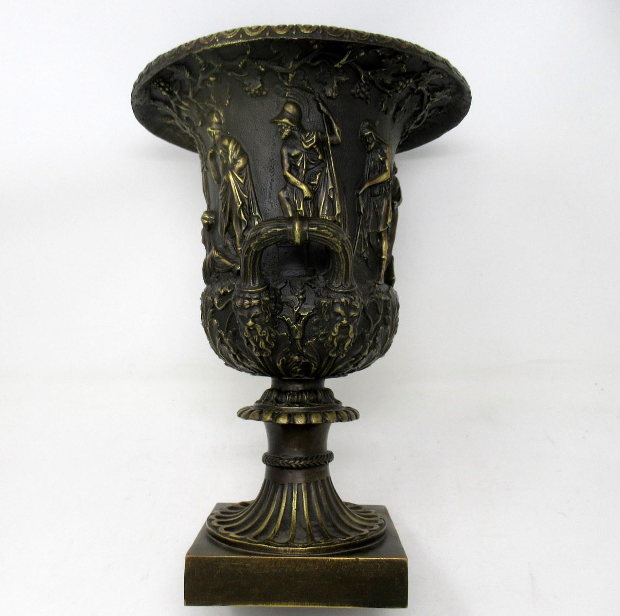 20th Century Antique Pair of Grand Tour Style Borghese or Medici Bronze Campana Urns Vases