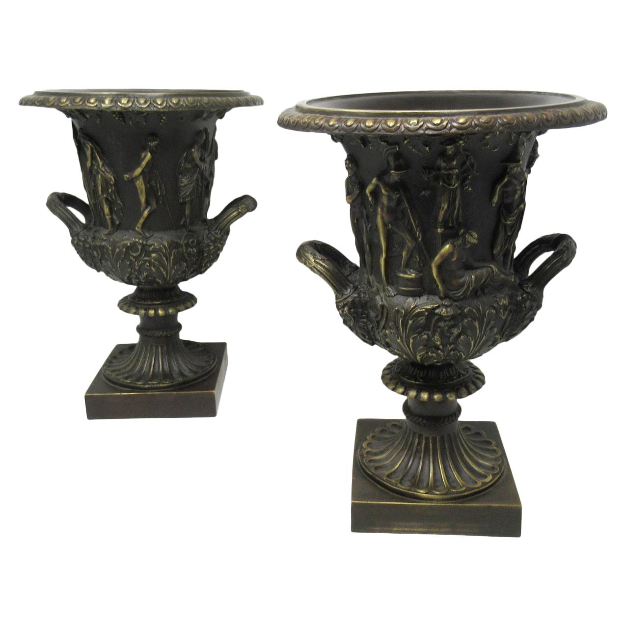 Antique Pair of Grand Tour Style Borghese or Medici Bronze Campana Urns Vases