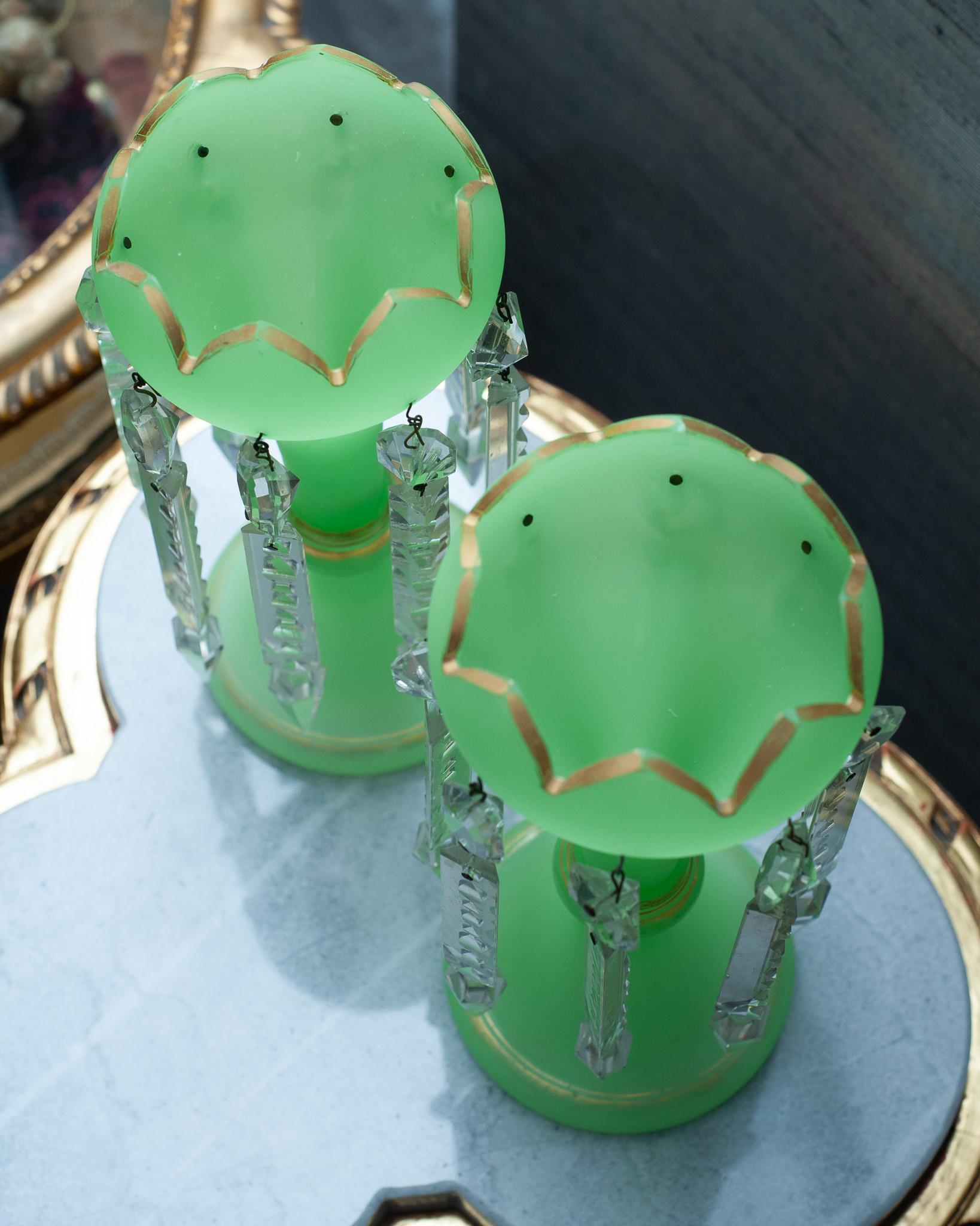20th Century Antique Pair of Green Opaline Mantle Lusters with Gilt Detail and Scalloped Edge For Sale