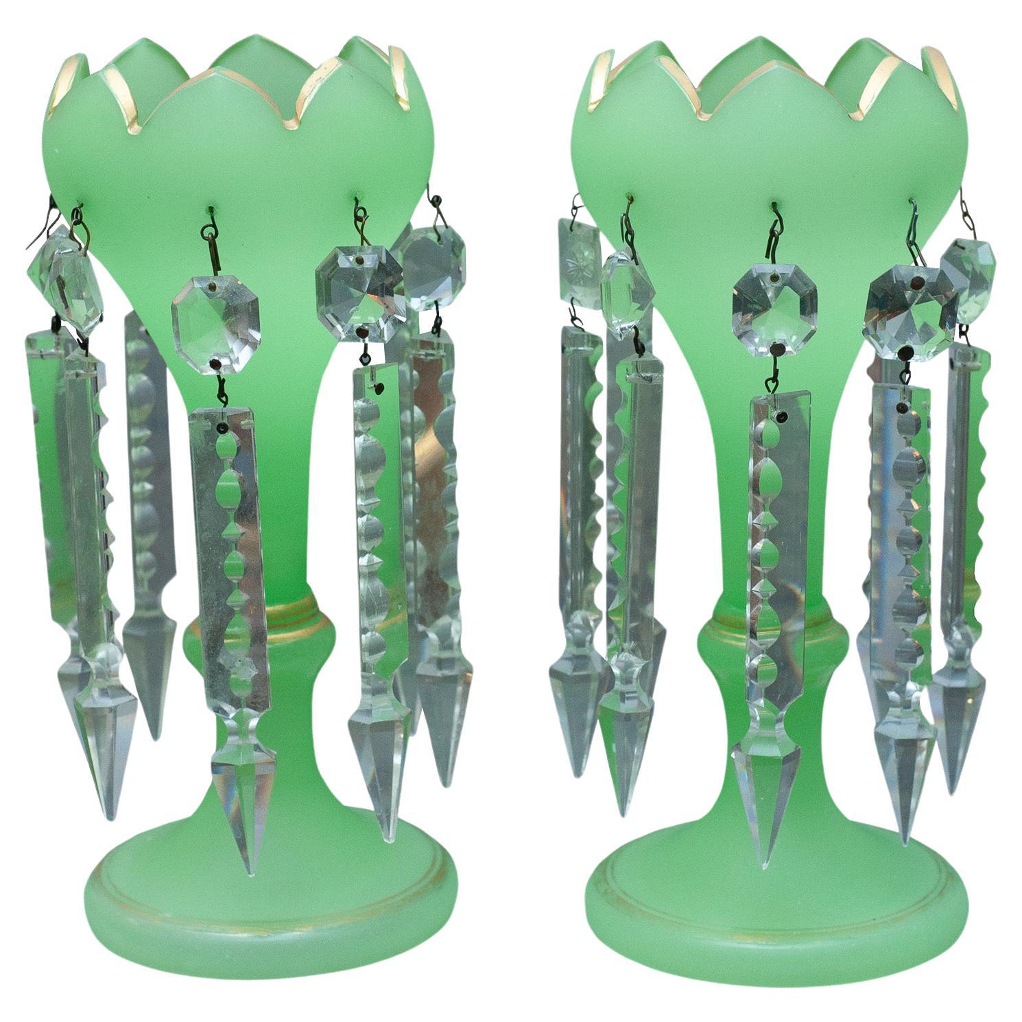 Antique Pair of Green Opaline Mantle Lusters with Gilt Detail and Scalloped Edge For Sale