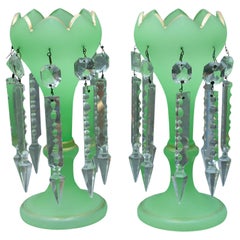 Antique Pair of Green Opaline Mantle Lusters with Gilt Detail and Scalloped Edge