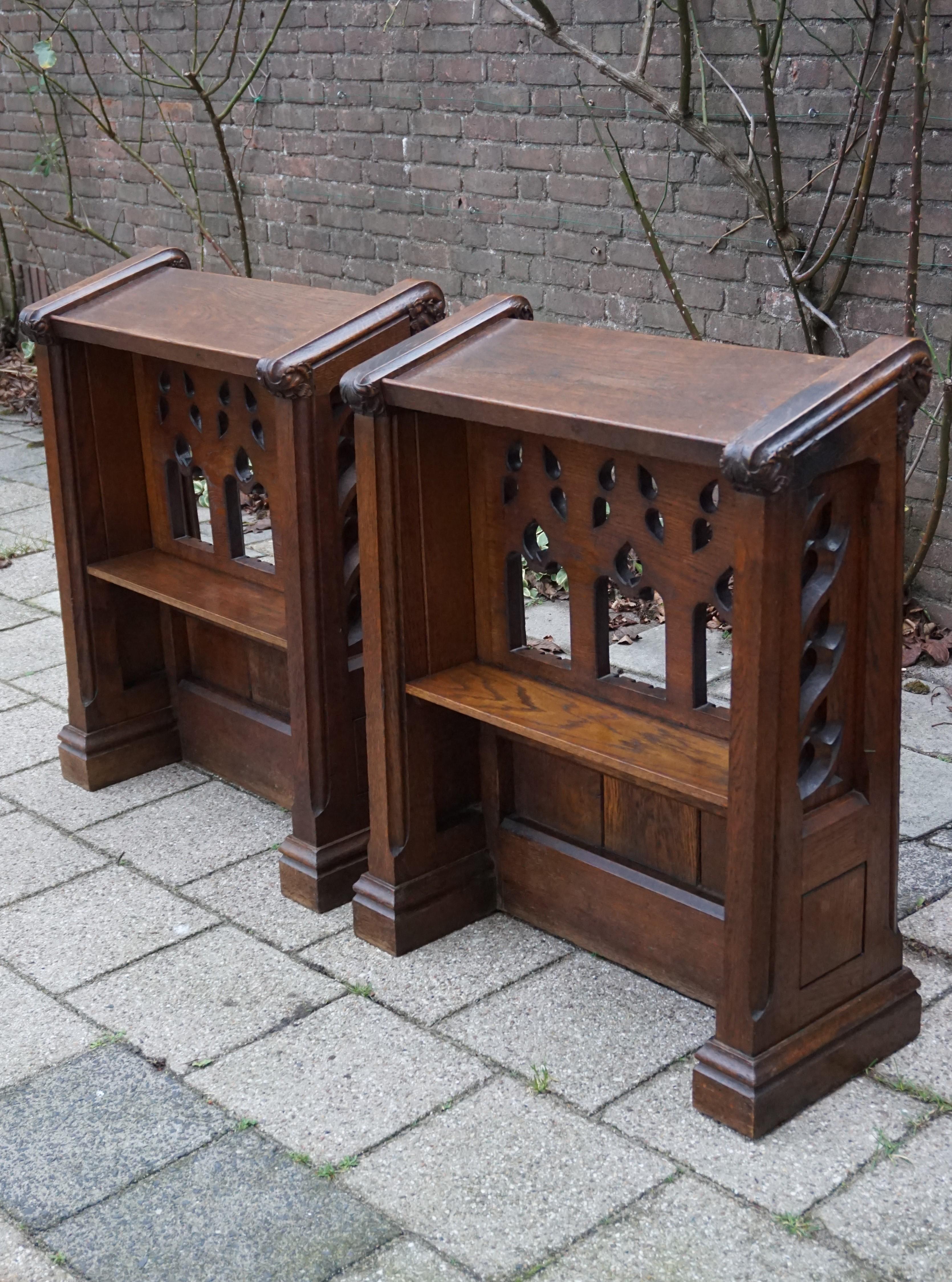 Pair of Hand Carved Gothic Revival Oak Church Lectern Desks with Bookshelf 3