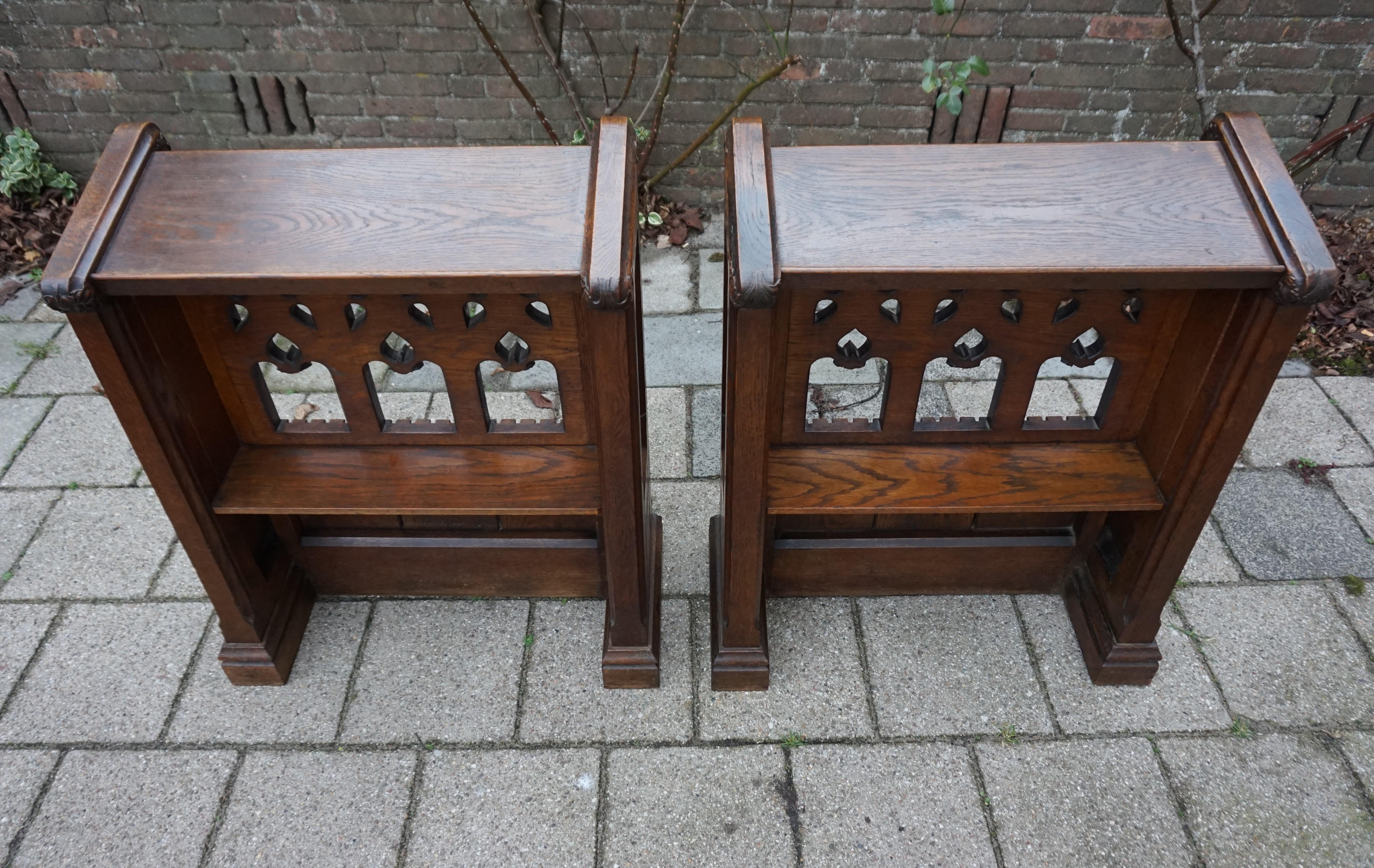 Pair of Hand Carved Gothic Revival Oak Church Lectern Desks with Bookshelf 4