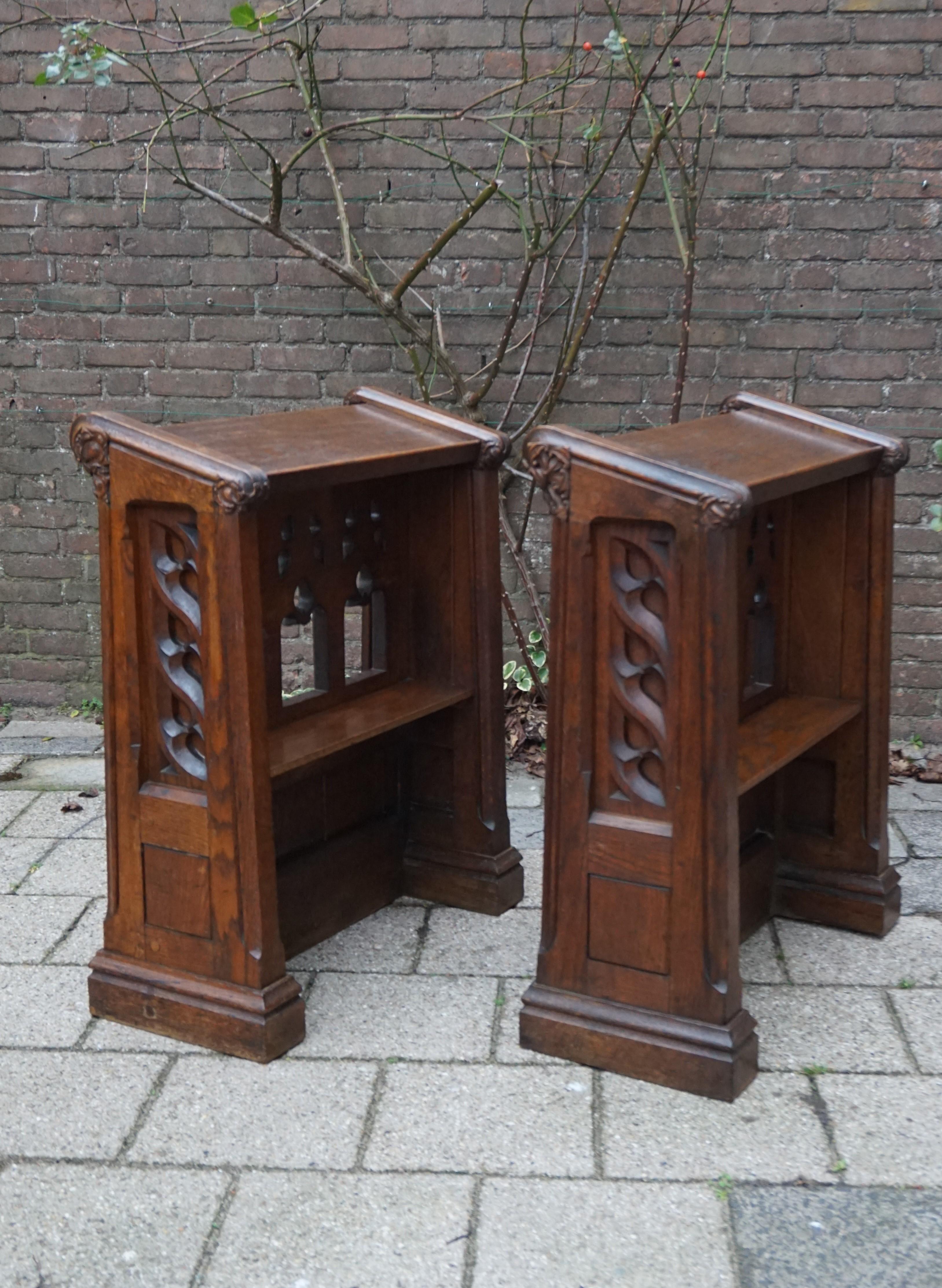Pair of Hand Carved Gothic Revival Oak Church Lectern Desks with Bookshelf 6