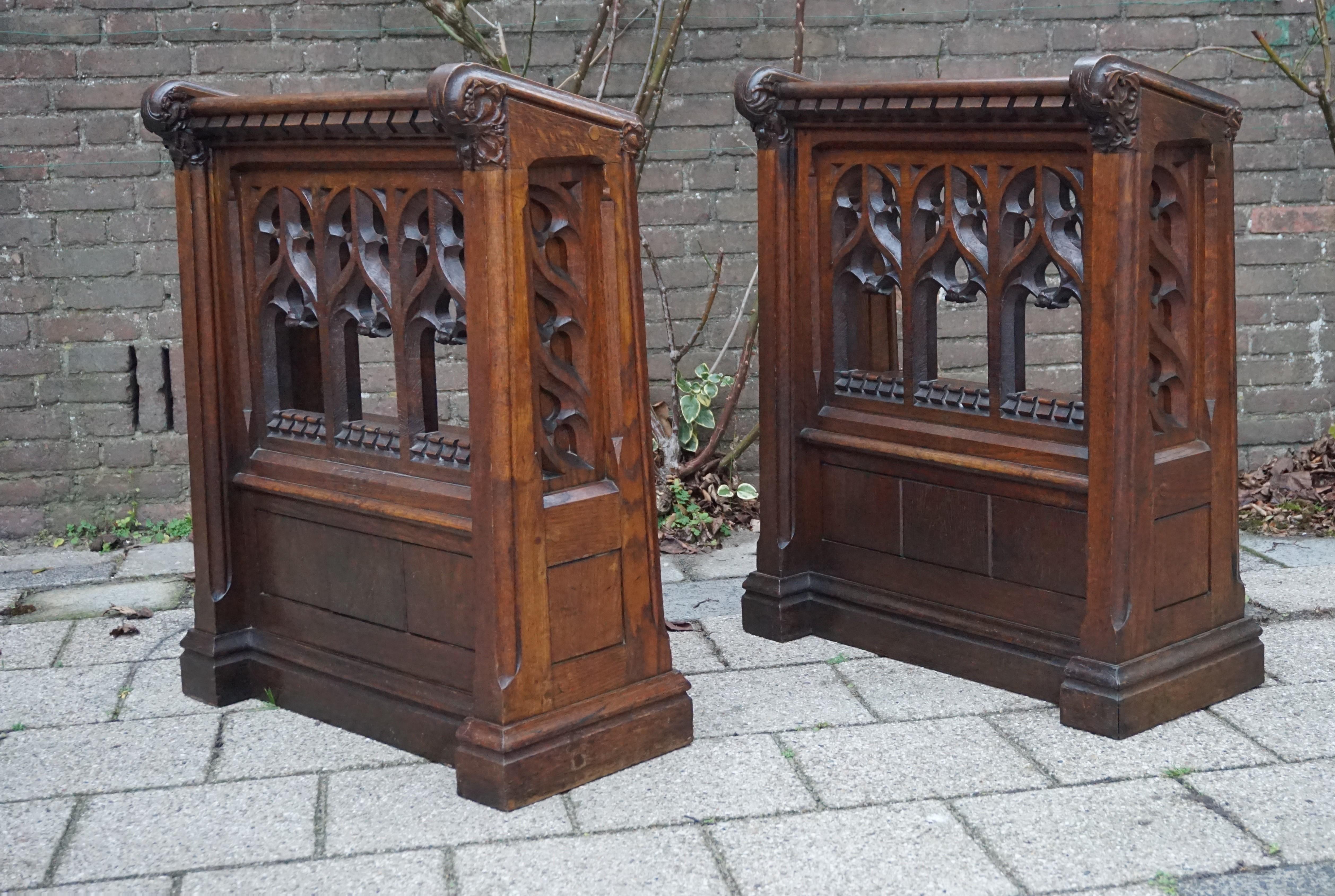 Pair of Hand Carved Gothic Revival Oak Church Lectern Desks with Bookshelf 12