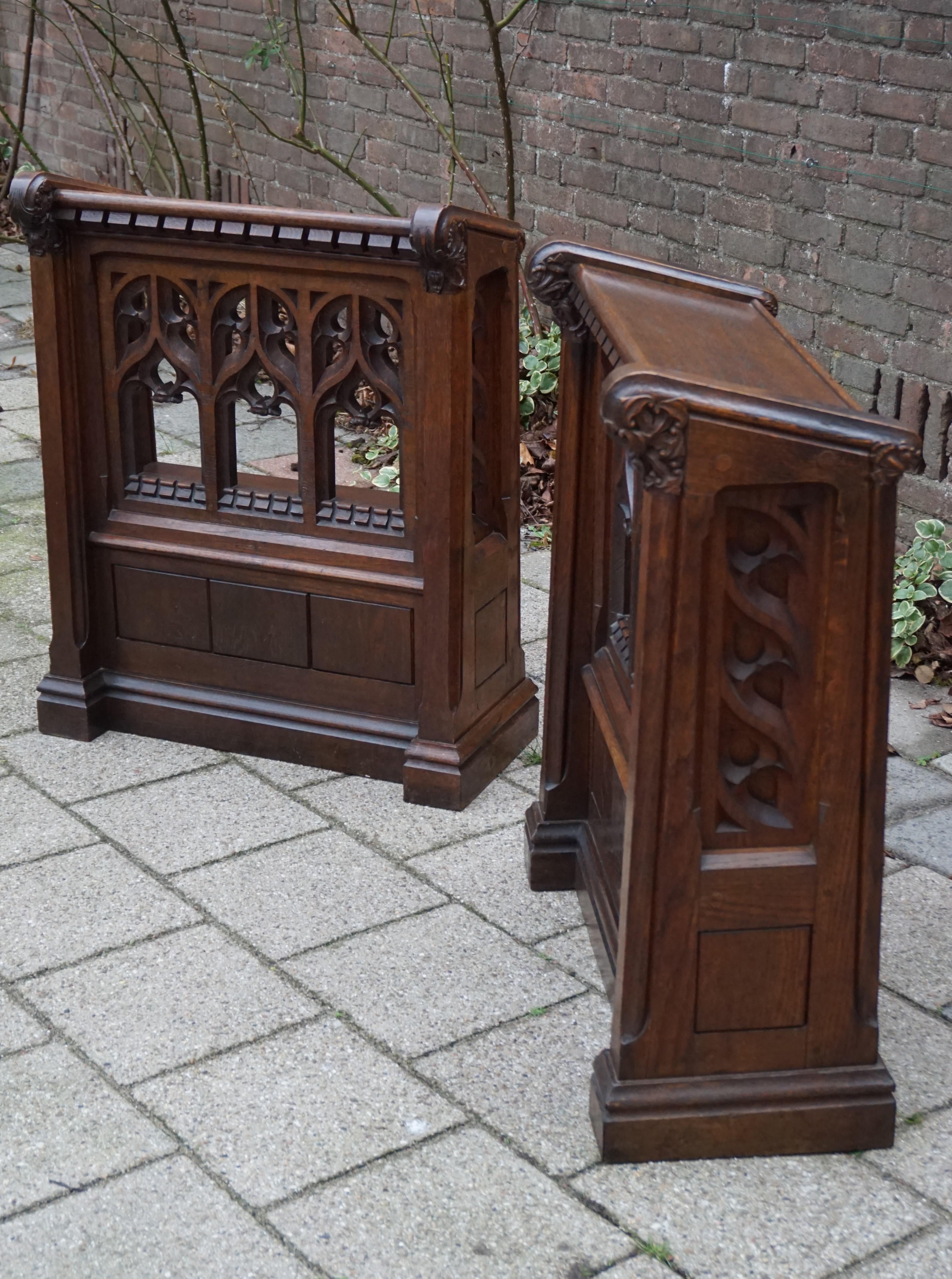 Pair of Hand Carved Gothic Revival Oak Church Lectern Desks with Bookshelf 13