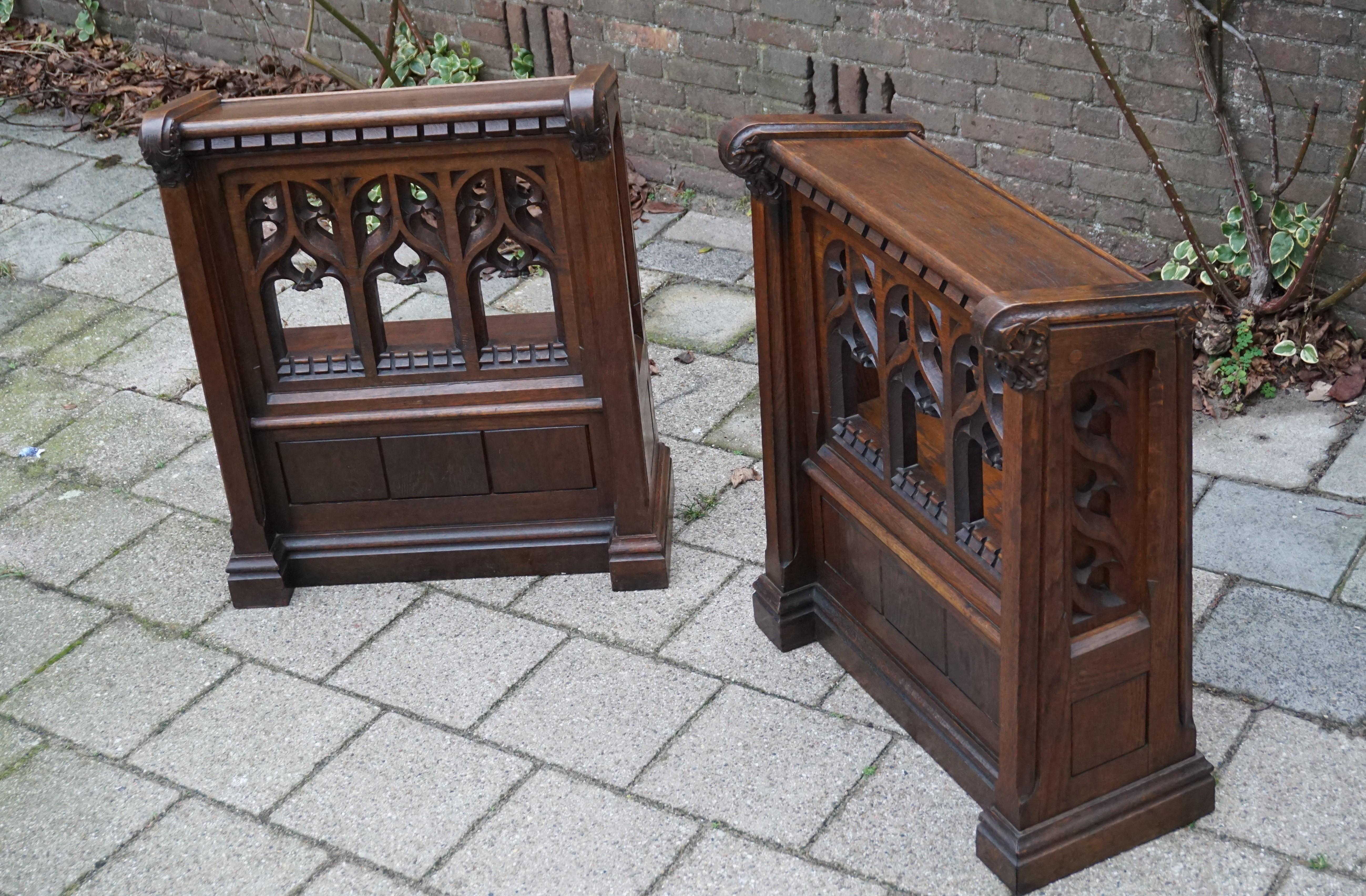 Top quality crafted and incredibly durable pair of Gothic church lecterns.

These practical size lecterns are remarkably well crafted and their design and patina are to die for. The perfectly hand carved Gothic style elements in these architectural