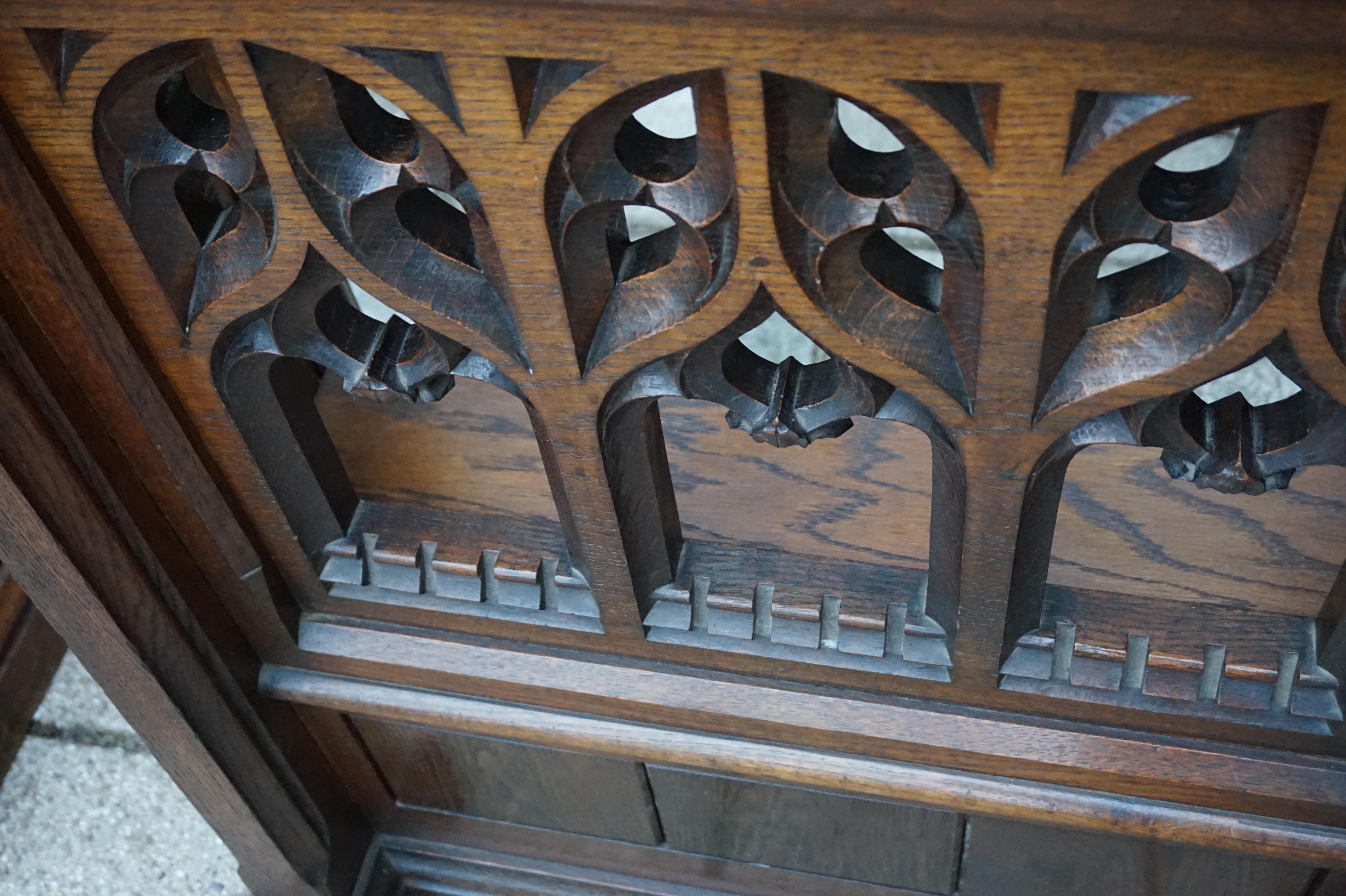 Hand-Carved Pair of Hand Carved Gothic Revival Oak Church Lectern Desks with Bookshelf