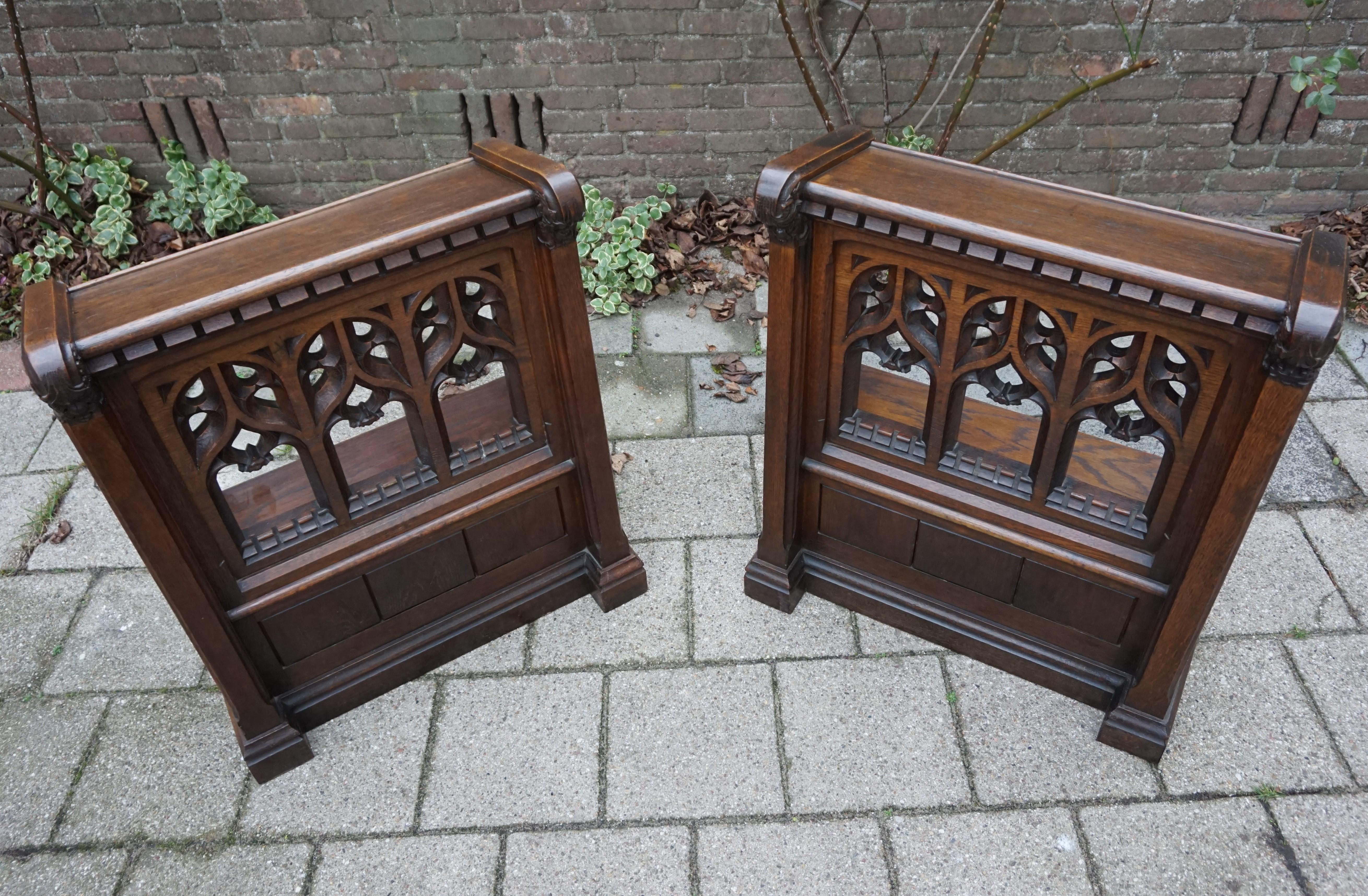 Pair of Hand Carved Gothic Revival Oak Church Lectern Desks with Bookshelf 1