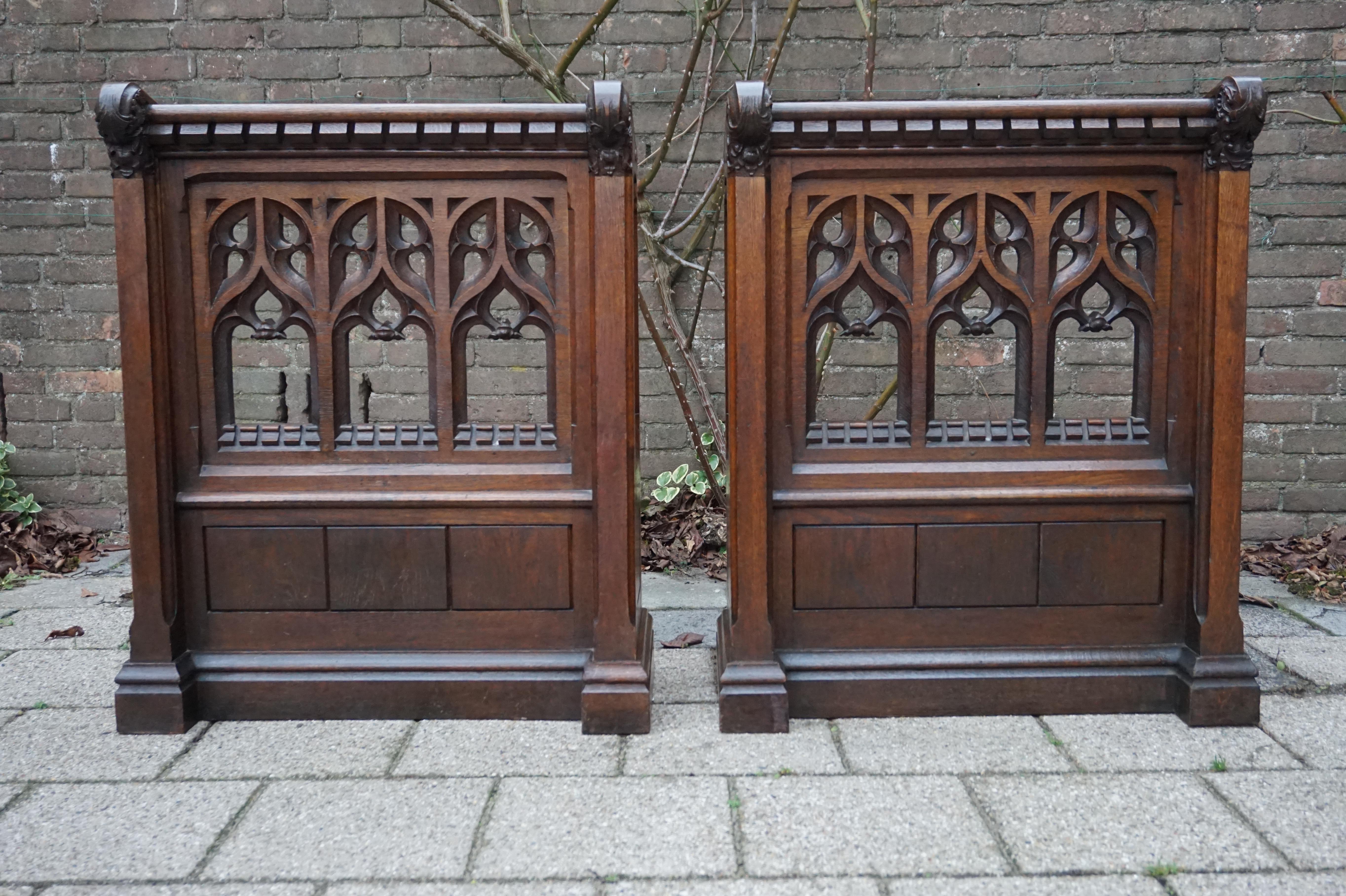Pair of Hand Carved Gothic Revival Oak Church Lectern Desks with Bookshelf 2
