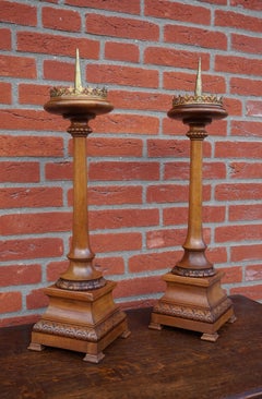 Antique Pair of Hand Carved Nutwood and Gilt Brass Gothic Revival Candlesticks