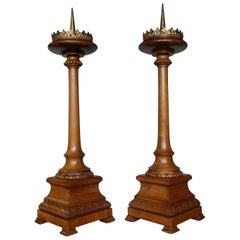 Antique Pair of Hand Carved Nutwood and Gilt Brass Gothic Revival Candlesticks