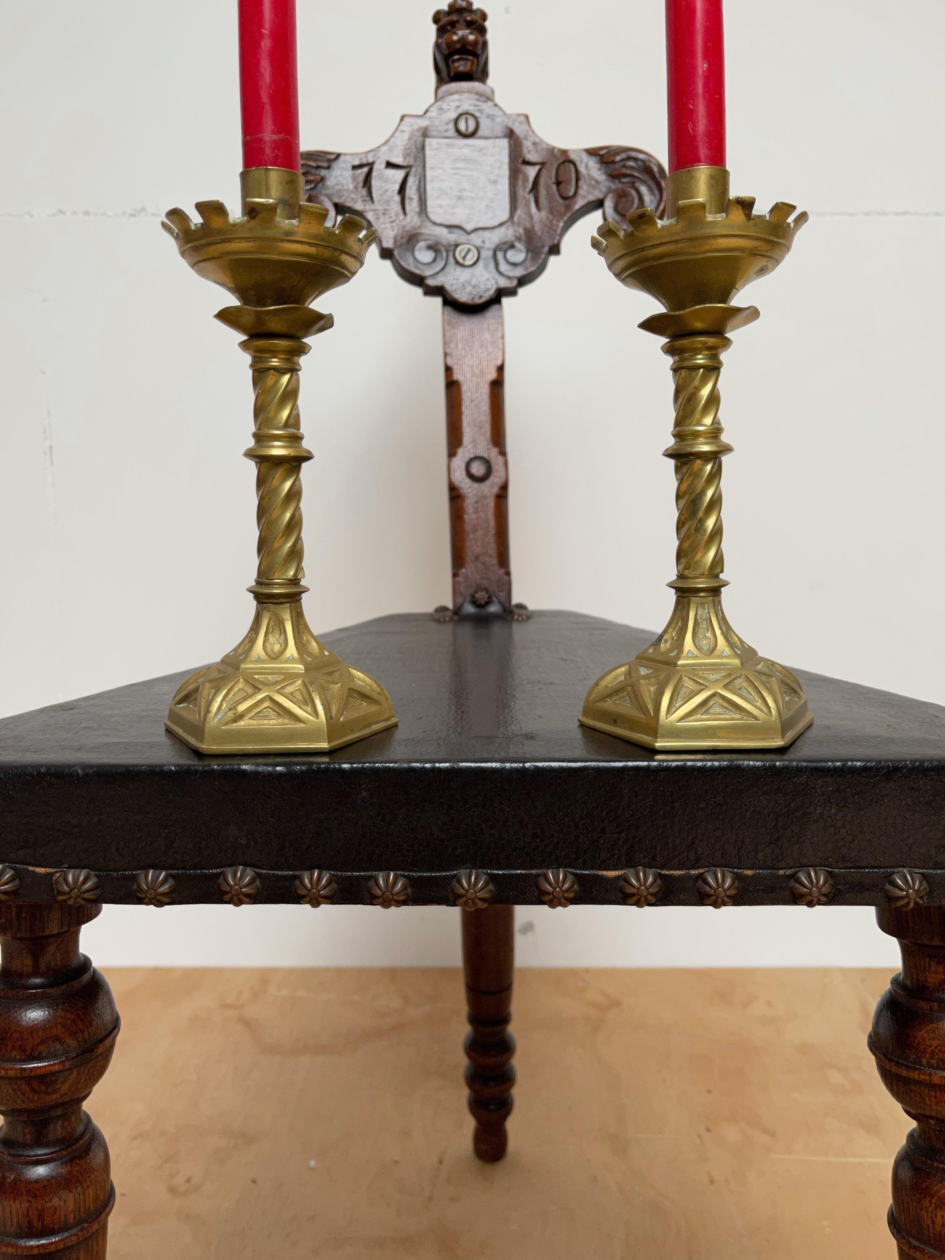 French Antique Pair Gothic Revival of Handcrafted Gilt Bronze Candlesticks Holders For Sale