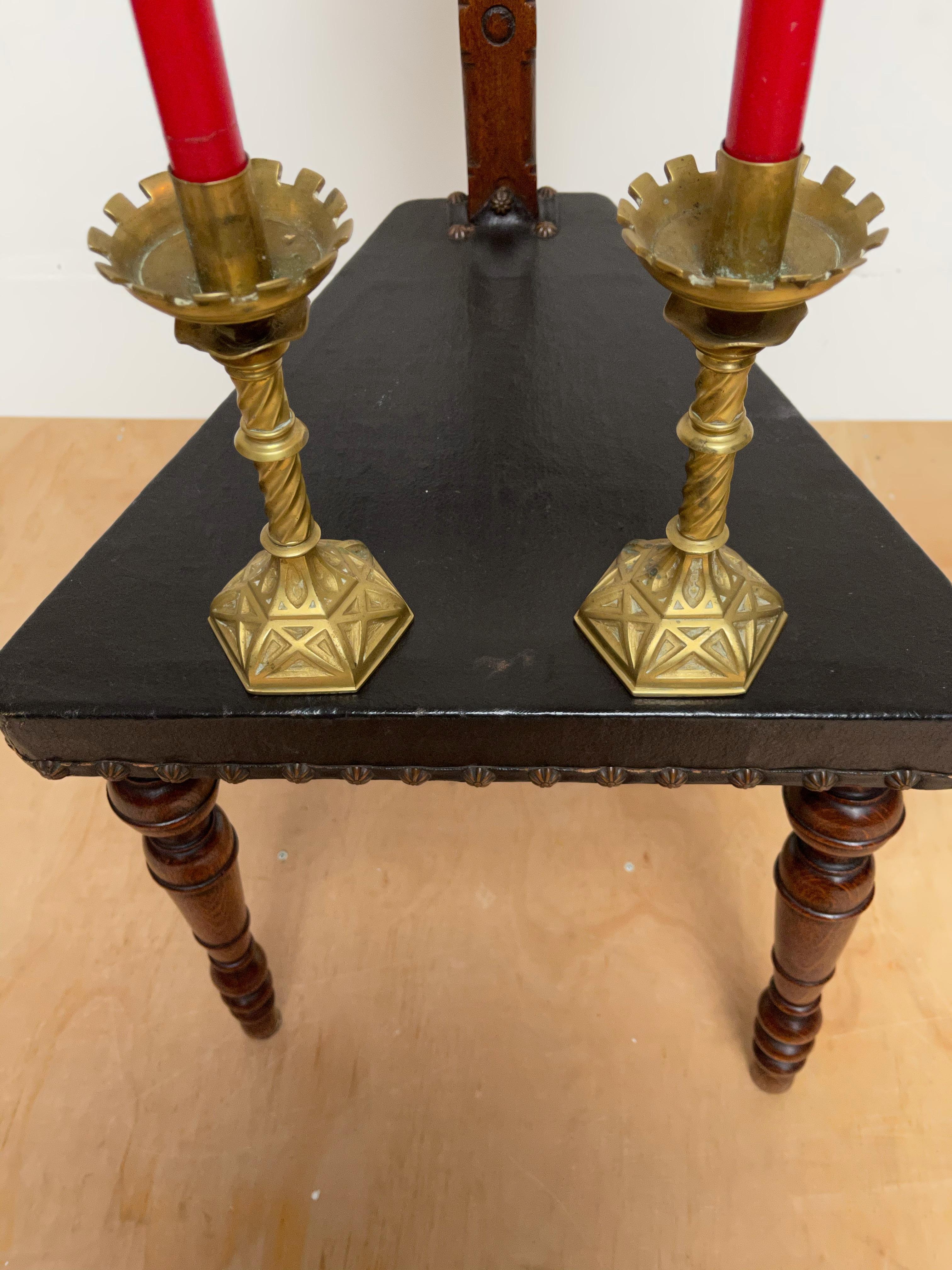 Antique Pair Gothic Revival of Handcrafted Gilt Bronze Candlesticks Holders In Good Condition For Sale In Lisse, NL