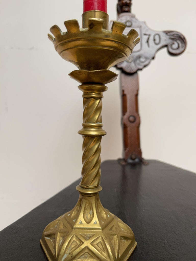 Antique Pair Gothic Revival of Handcrafted Gilt Bronze Candlesticks Holders  For Sale at 1stDibs