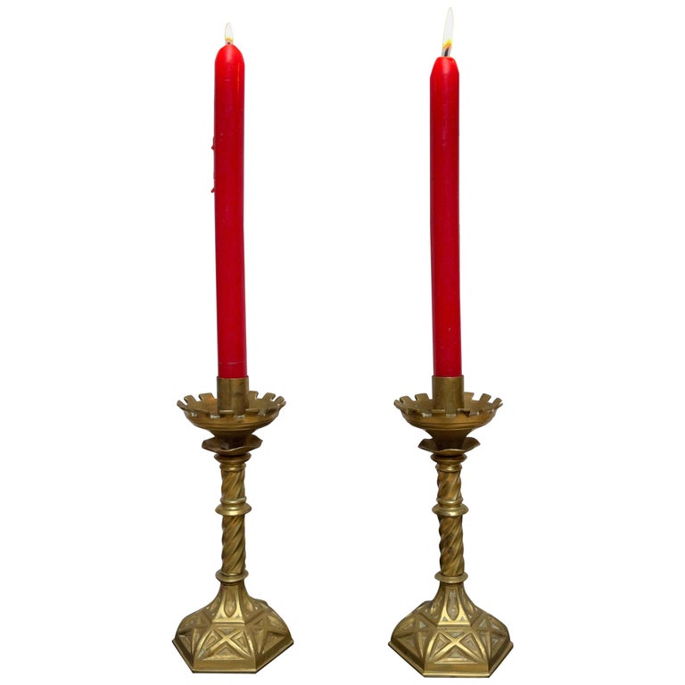 Antique Pair Gothic Revival of Handcrafted Gilt Bronze Candlesticks Holders